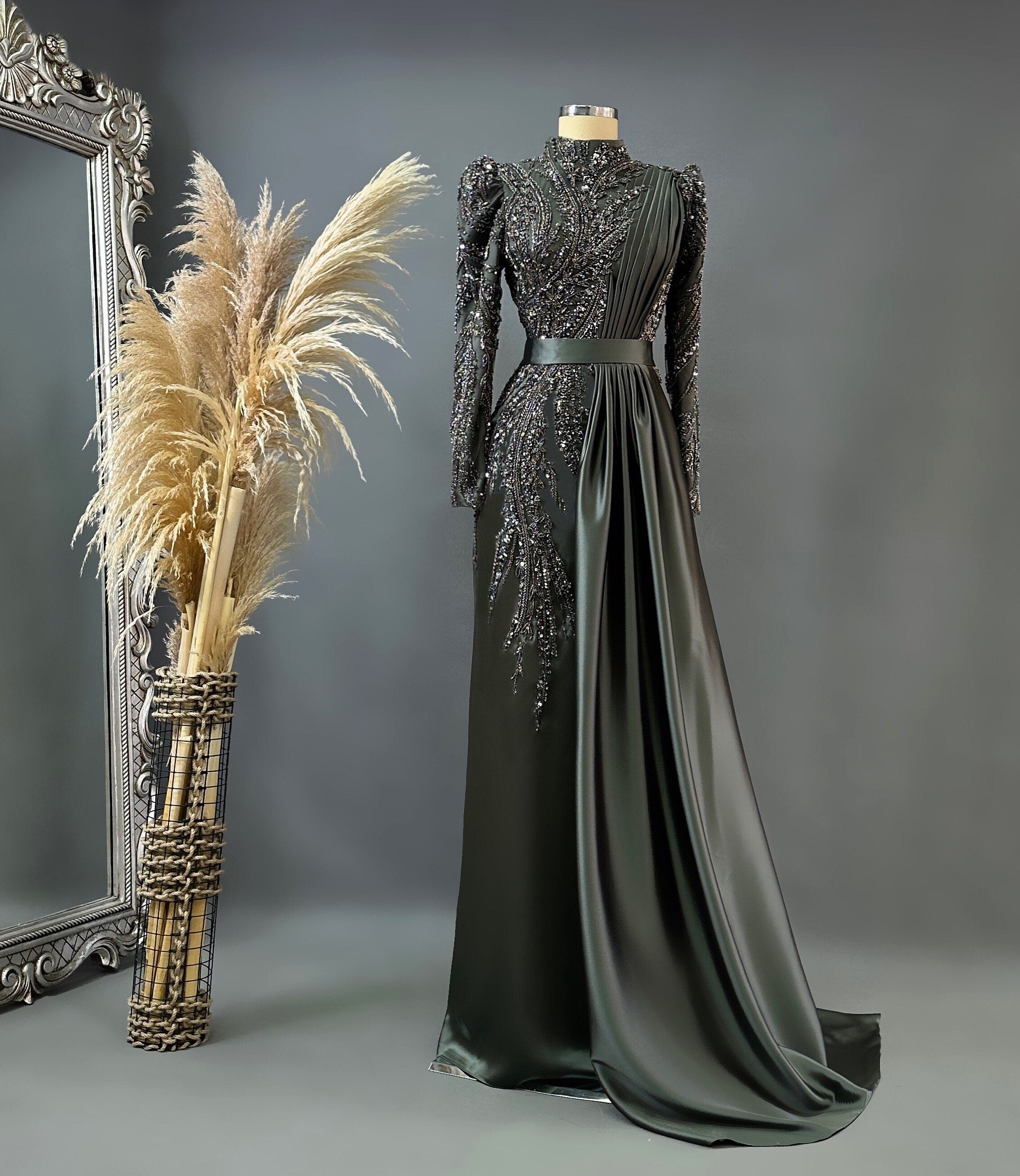 Sparkling Evening Dress Hijab Evening Dress Models Gray, Night Blue Color Evening Dress İslamic Evening Dresses Engagement Dress