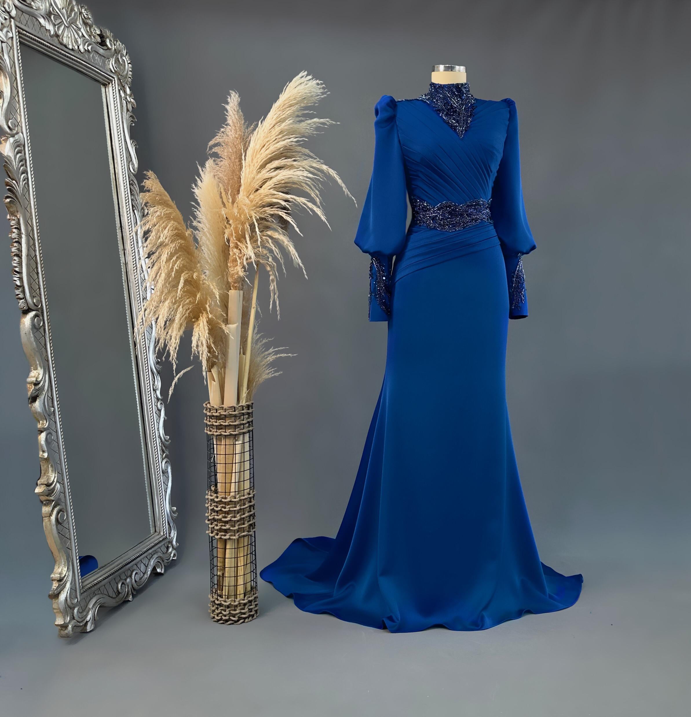 Luxury Modest Gown, Muslim Prom Dress, Blue Long Sleeve Hijab Evening Dress, Elegant Engagement Outfit for Women