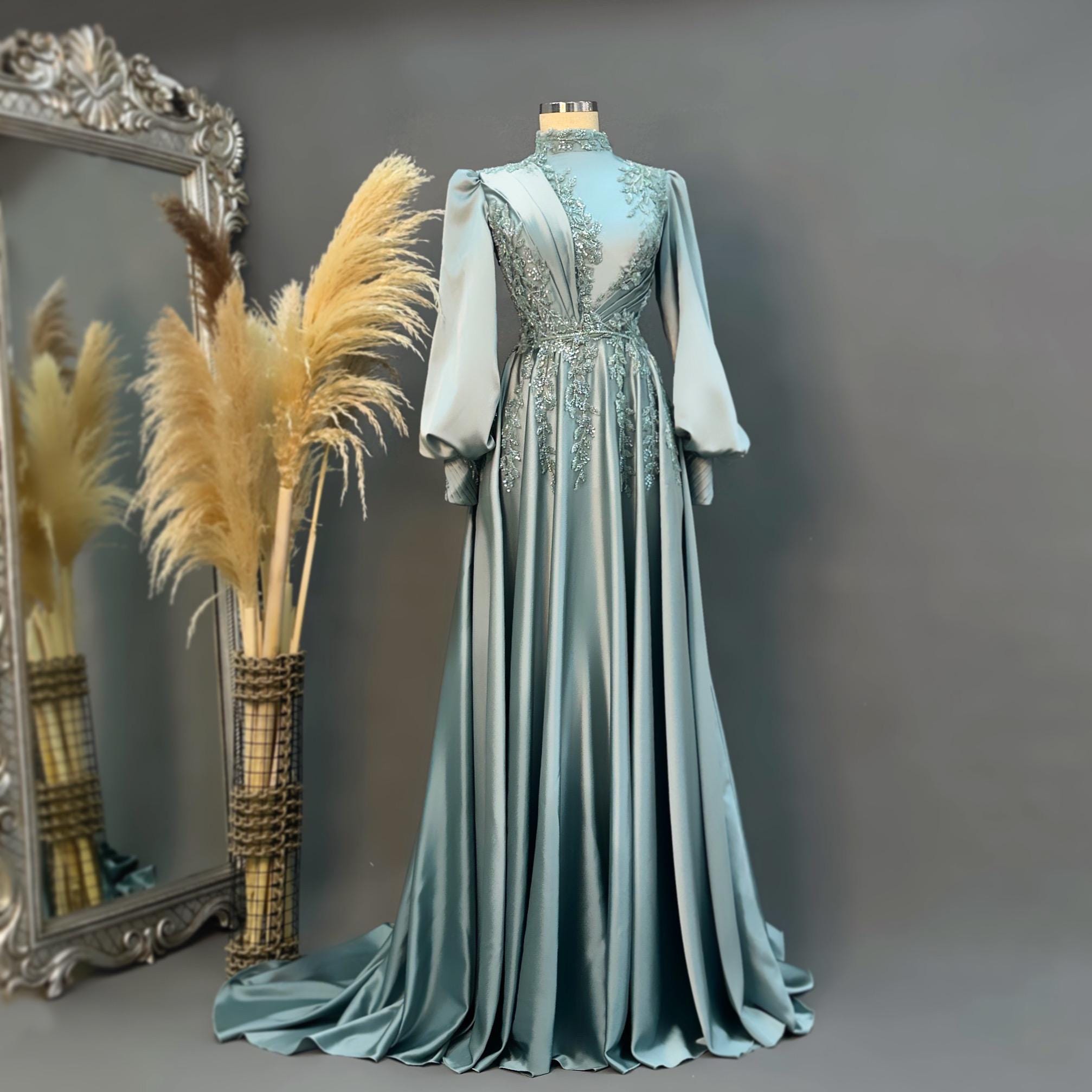 Handmade Bridal Gown Dress for Wedding Engagement Henna Night İslamic Dress Hijab Dress Pink Night Blue Dark Blue İslamic Dress EU Size 38