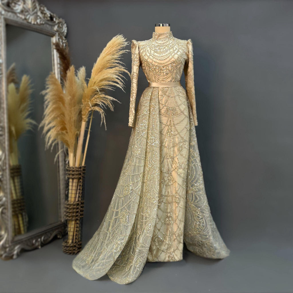 Gold Evening Dress Islamic Evening Dresses Engagement Dress, Sparkling Evening Dress Hijab Evening Dress Models