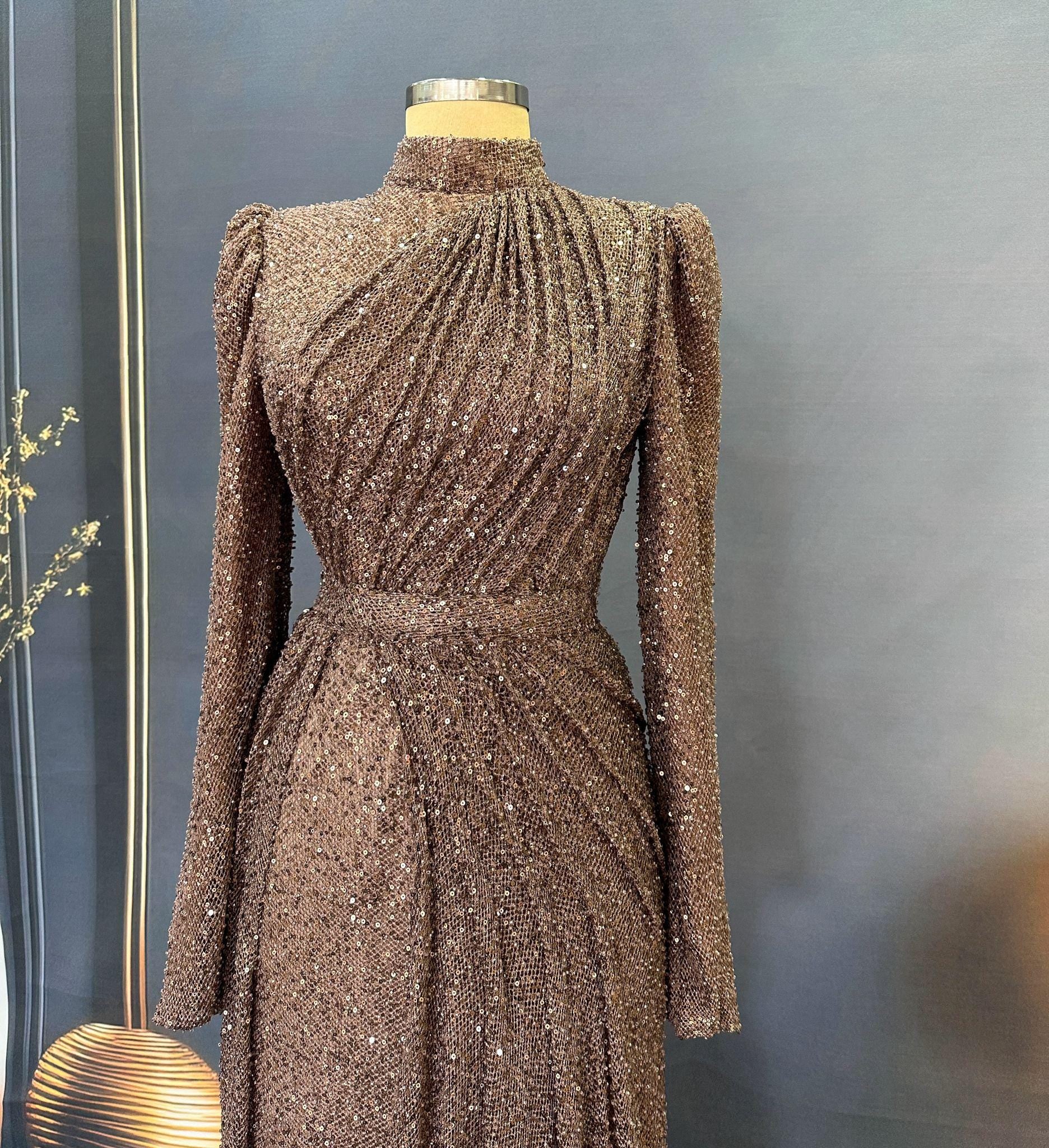 Bronze Color Sparkling Evening Dress Hijab Evening Dress Models Gray, Night Blue Color Evening Dress İslamic Evening Dresses