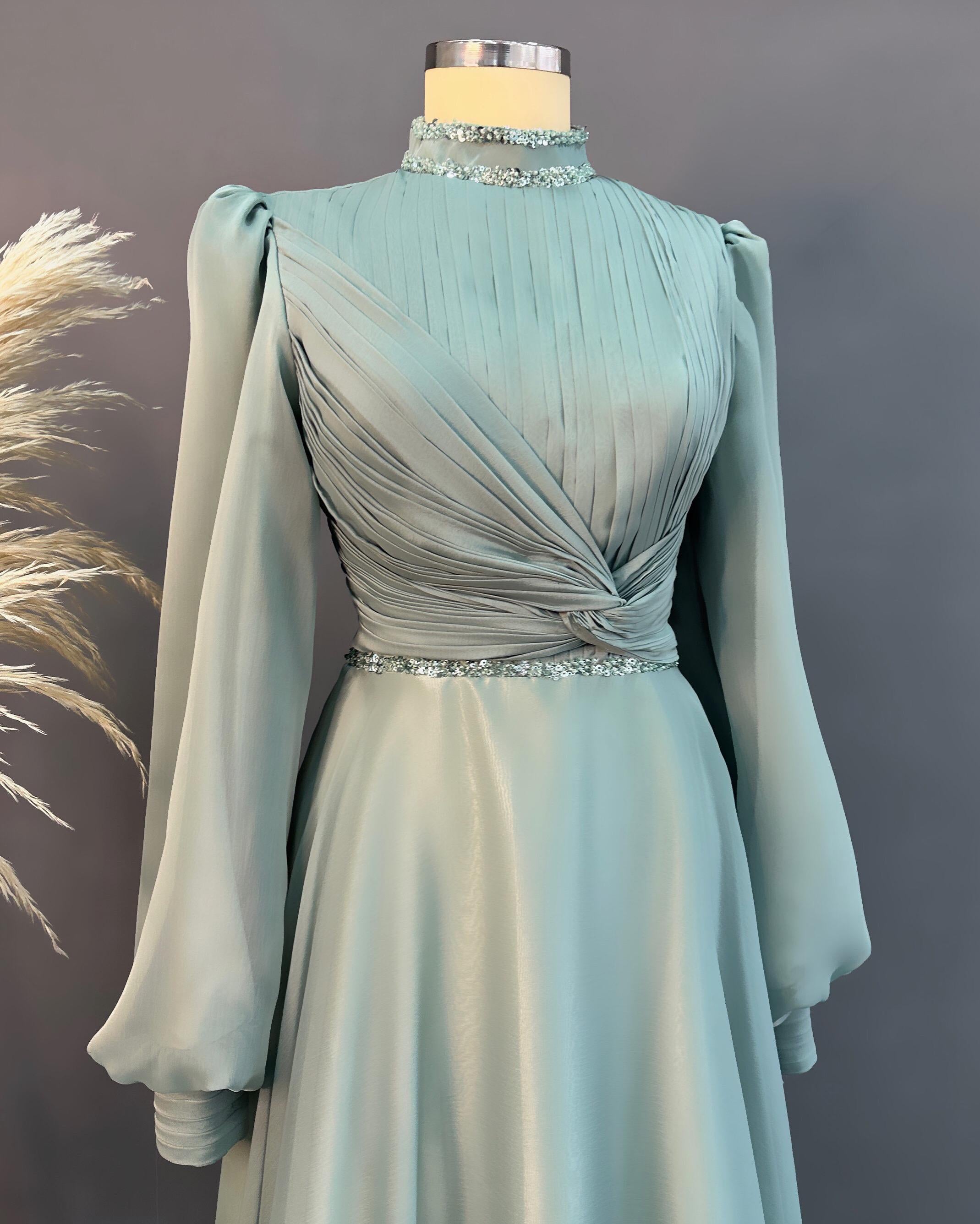 Handmade Bridal Gown Dress for Wedding Engagement Henna Night İslamic Dress Hijab Dress Blue Night Blue Dark Blue İslamic Dress EU Size 38