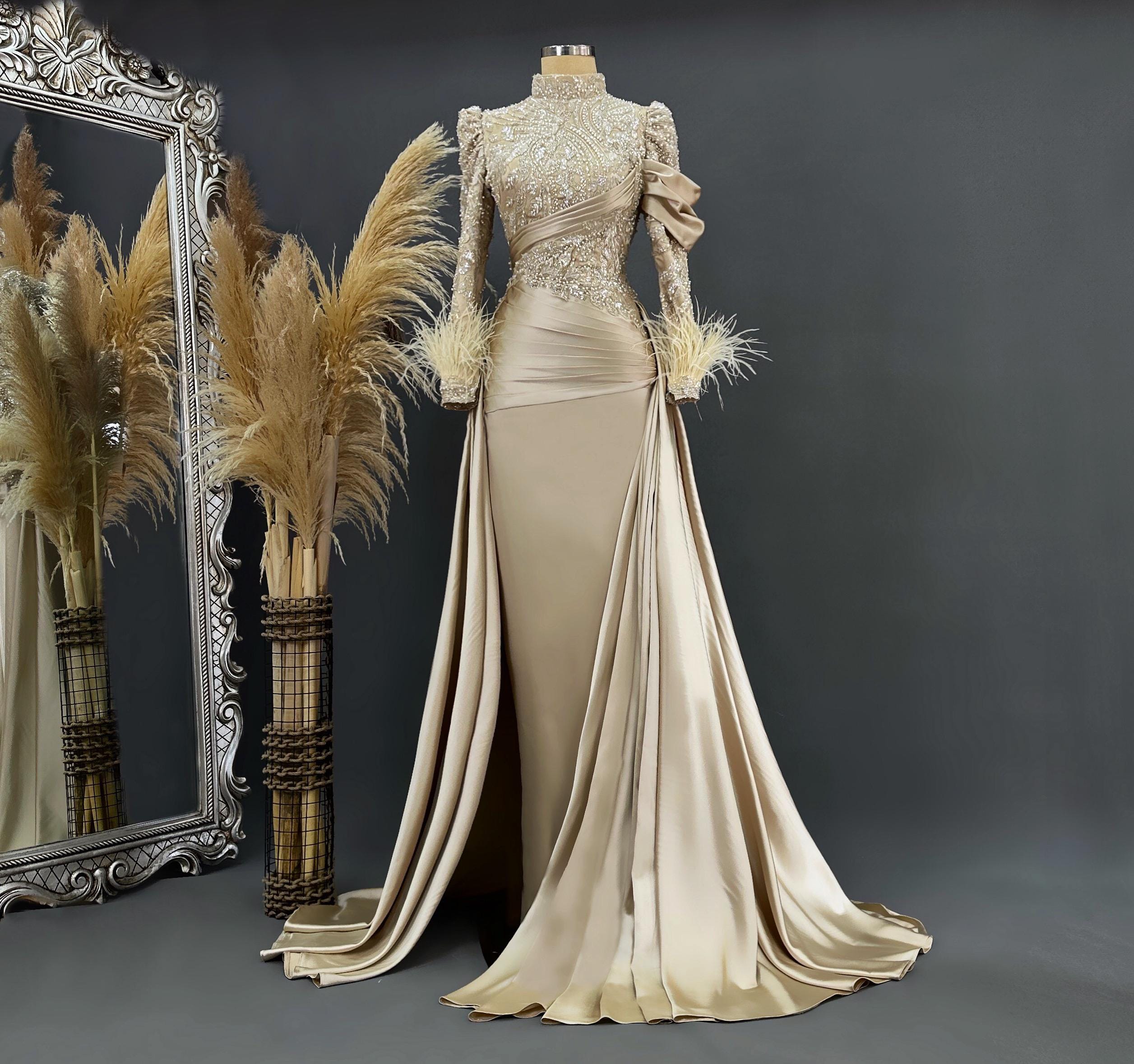 Handmade Brown Bridal Gown Dress for Wedding Engagement Henna Night İslamic Dress Hijab Dress Night İslamic Dress EU Size 38