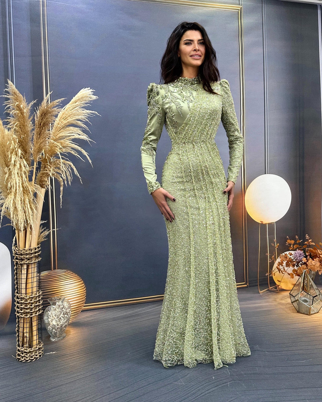 Jungle Green Color - Sparkling Evening Dress Hijab Evening Dress Models Gray, Night Blue Color Evening Dress İslamic Evening Dresses