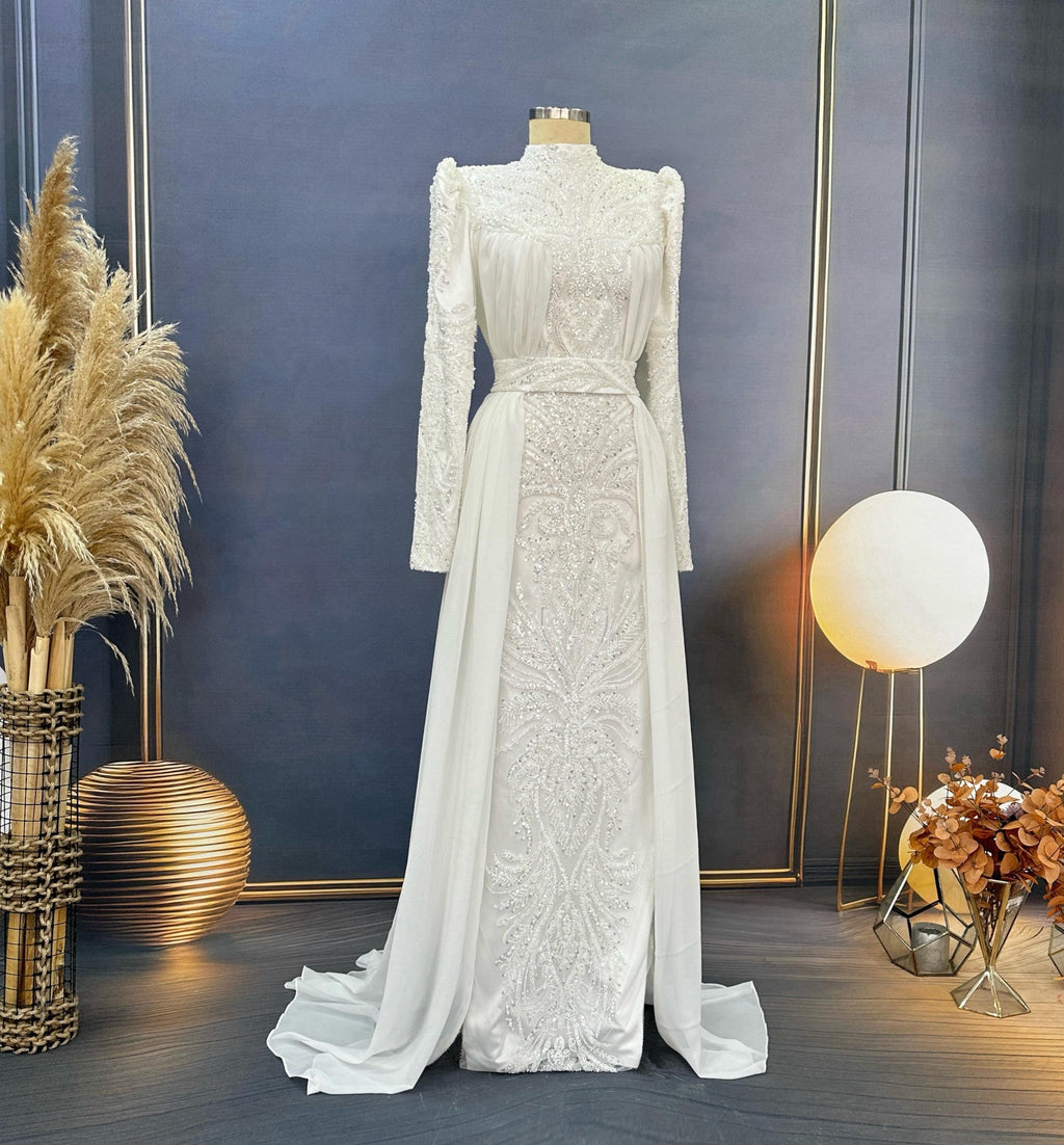 Sparkling Evening Dress Hijab Evening Dress Models White Color Evening Dress İslamic Evening Dresses Engagement Dress