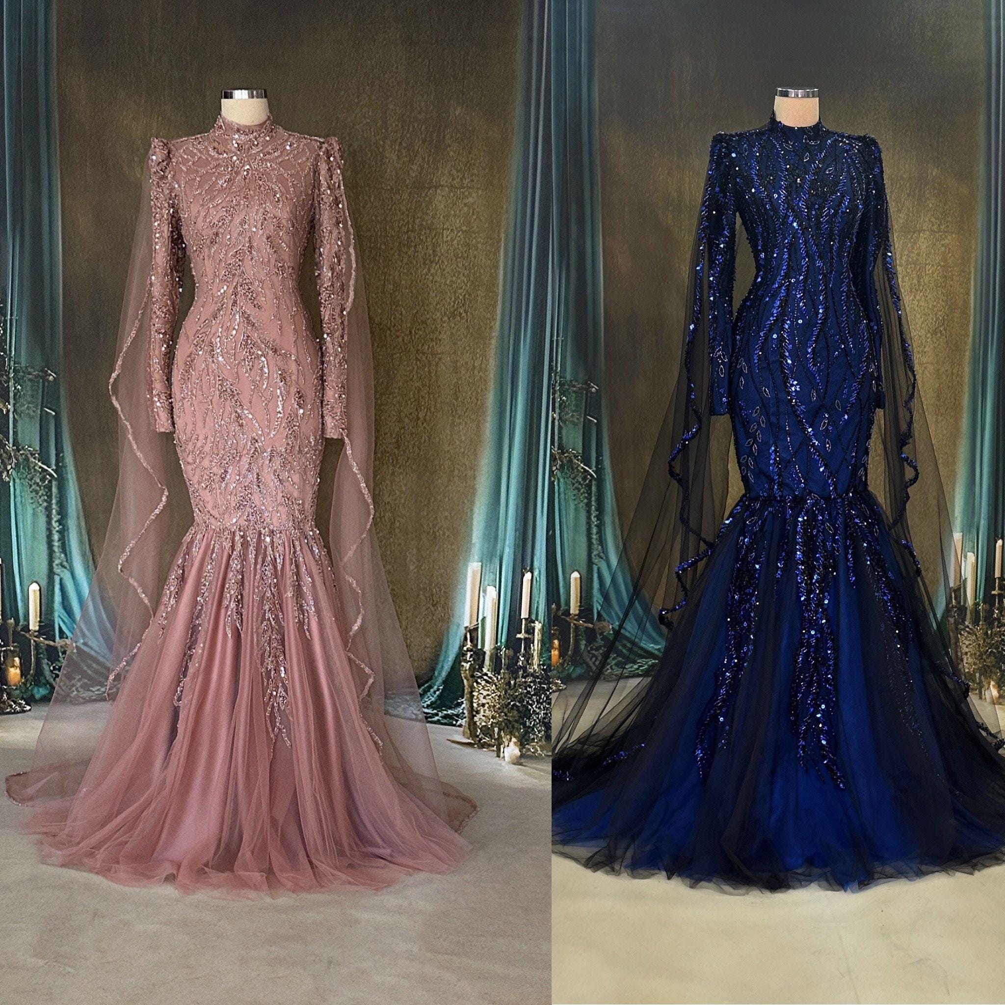 More Colors - blue and pink Sparkling Evening Dress Hijab Evening Dress Models Gray, Night Blue Color  İslamic Dresses Engagement Dress