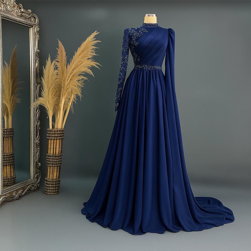 Luxury Islamic Evening Dress – Blue Hijab Engagement Gown with Sparkling Detailing