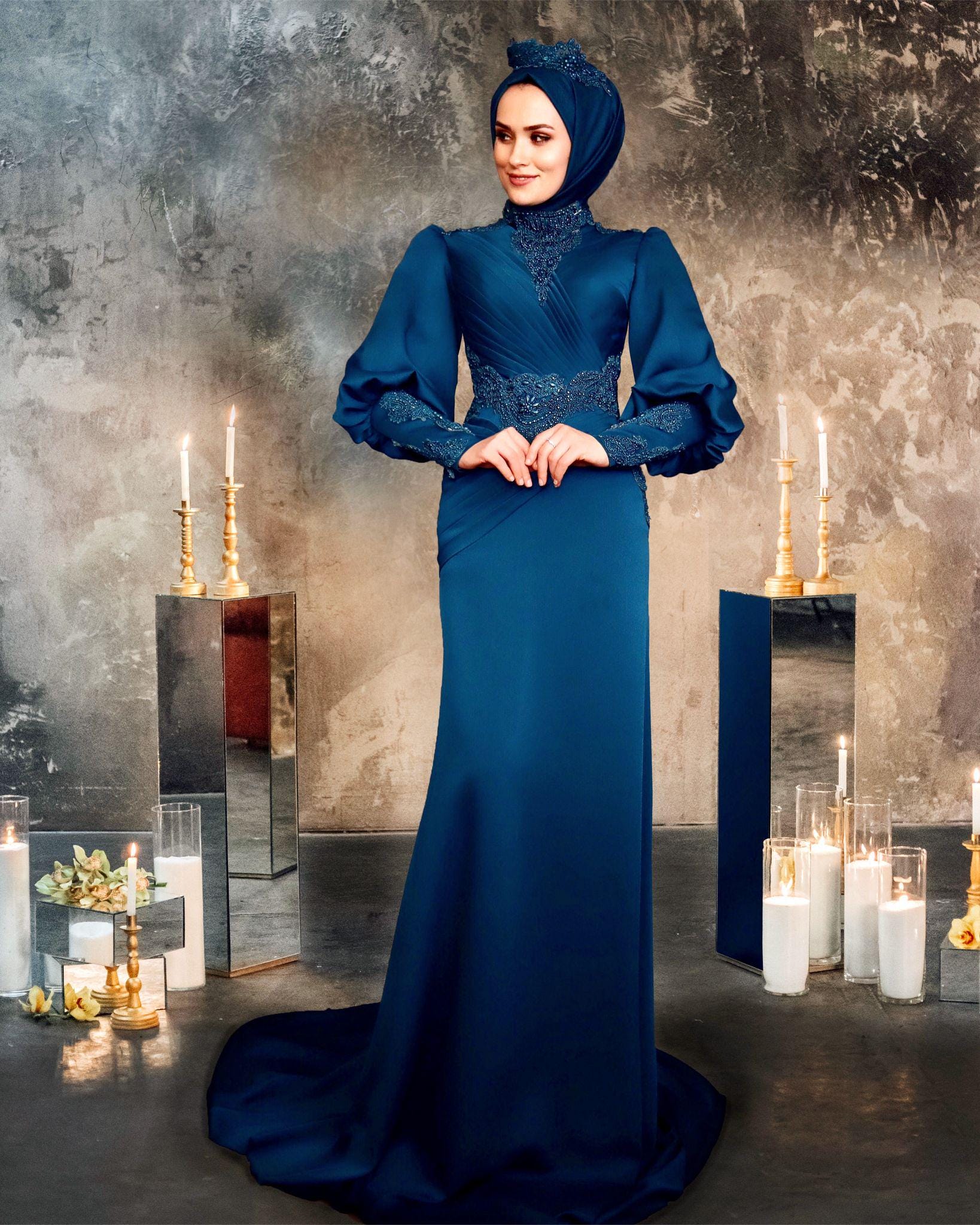 Luxury Modest Gown, Muslim Prom Dress, Blue Long Sleeve Hijab Evening Dress, Elegant Engagement Outfit for Women
