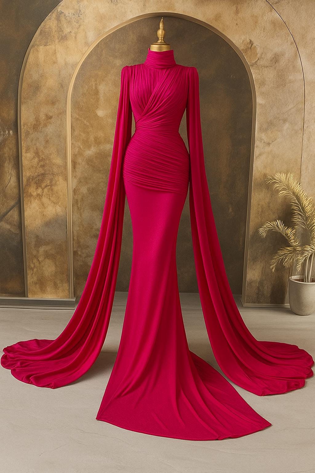 Luxury Islamic Evening Dress – Red  Hijab Engagement Gown with Sparkling Detailing