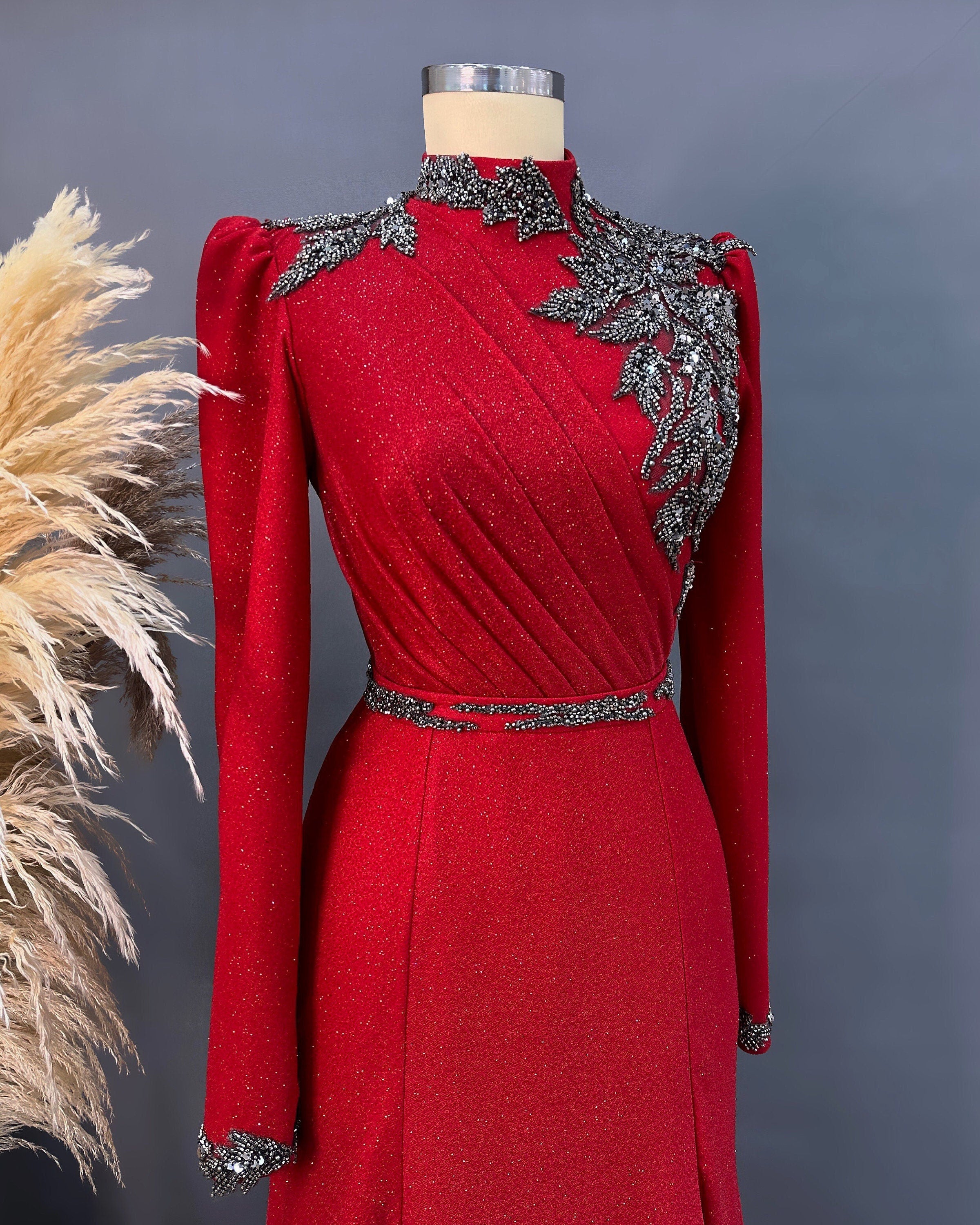 Sparkling Evening Dress Hijab Evening Dress Models Purple and Red Color Evening Dress İslamic Evening Dresses Engagement Dress