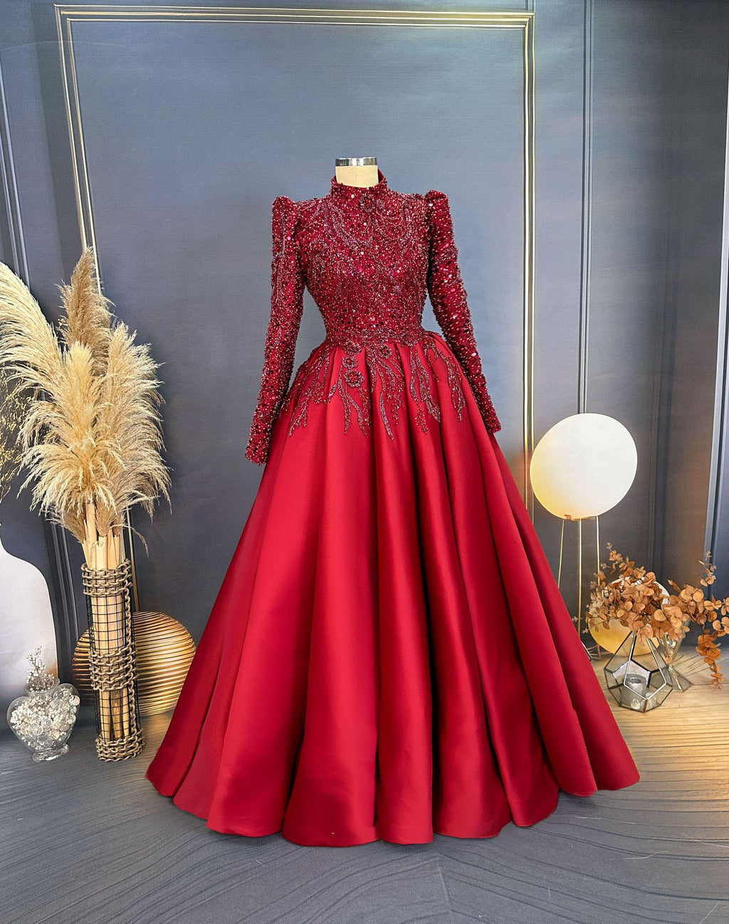 Handmade Bridal Gown Dress for Wedding Engagement Henna Night İslamic Dress Hijab Dress Red Night Red İslamic Dress EU Size 38