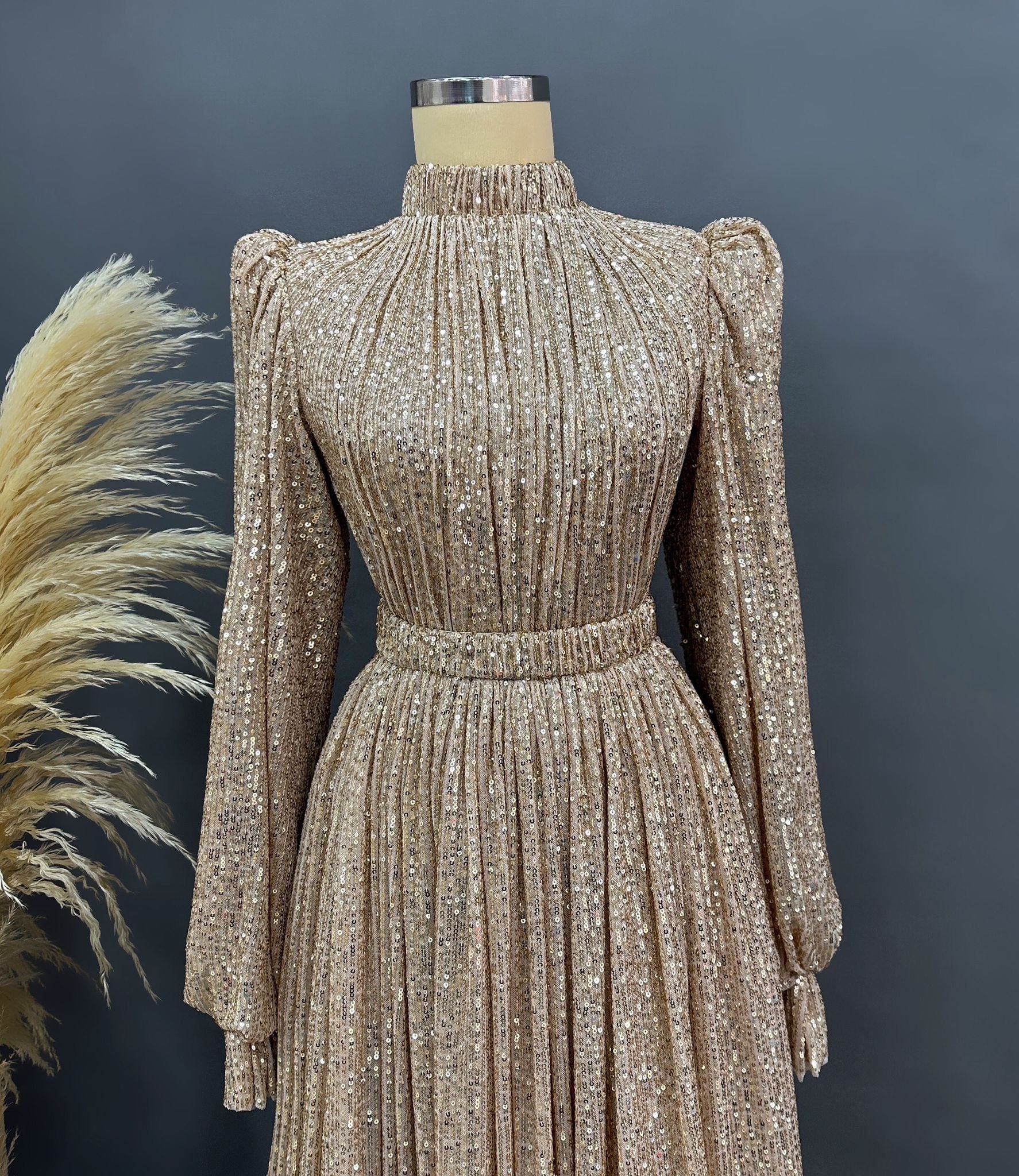 Sparkling Evening Dress Hijab Evening Dress Models Gold Color Evening Dress İslamic Evening Dresses Engagement Dress