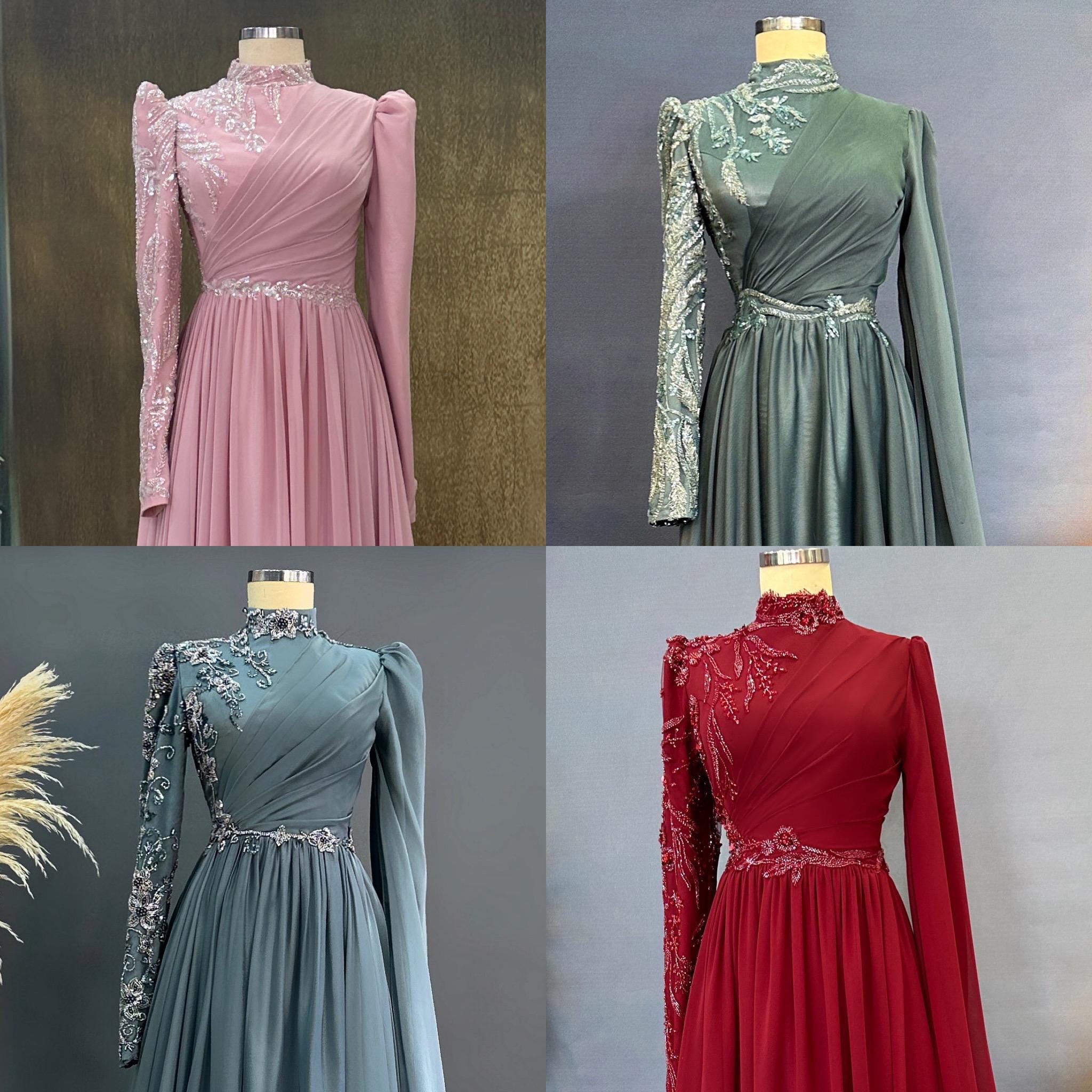 Sparkling Evening Dress Hijab Evening Dress Models Green, Blue Color Evening Dress İslamic Evening Dresses Engagement Dress