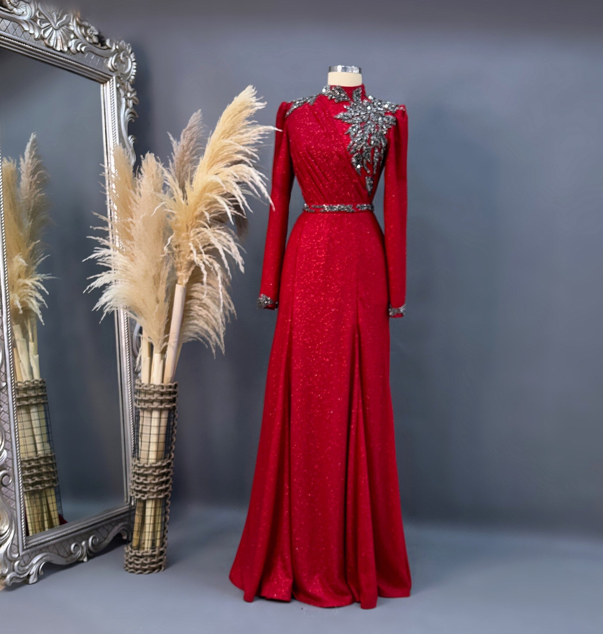 Sparkling Evening Dress Hijab Evening Dress Models Purple and Red Color Evening Dress İslamic Evening Dresses Engagement Dress