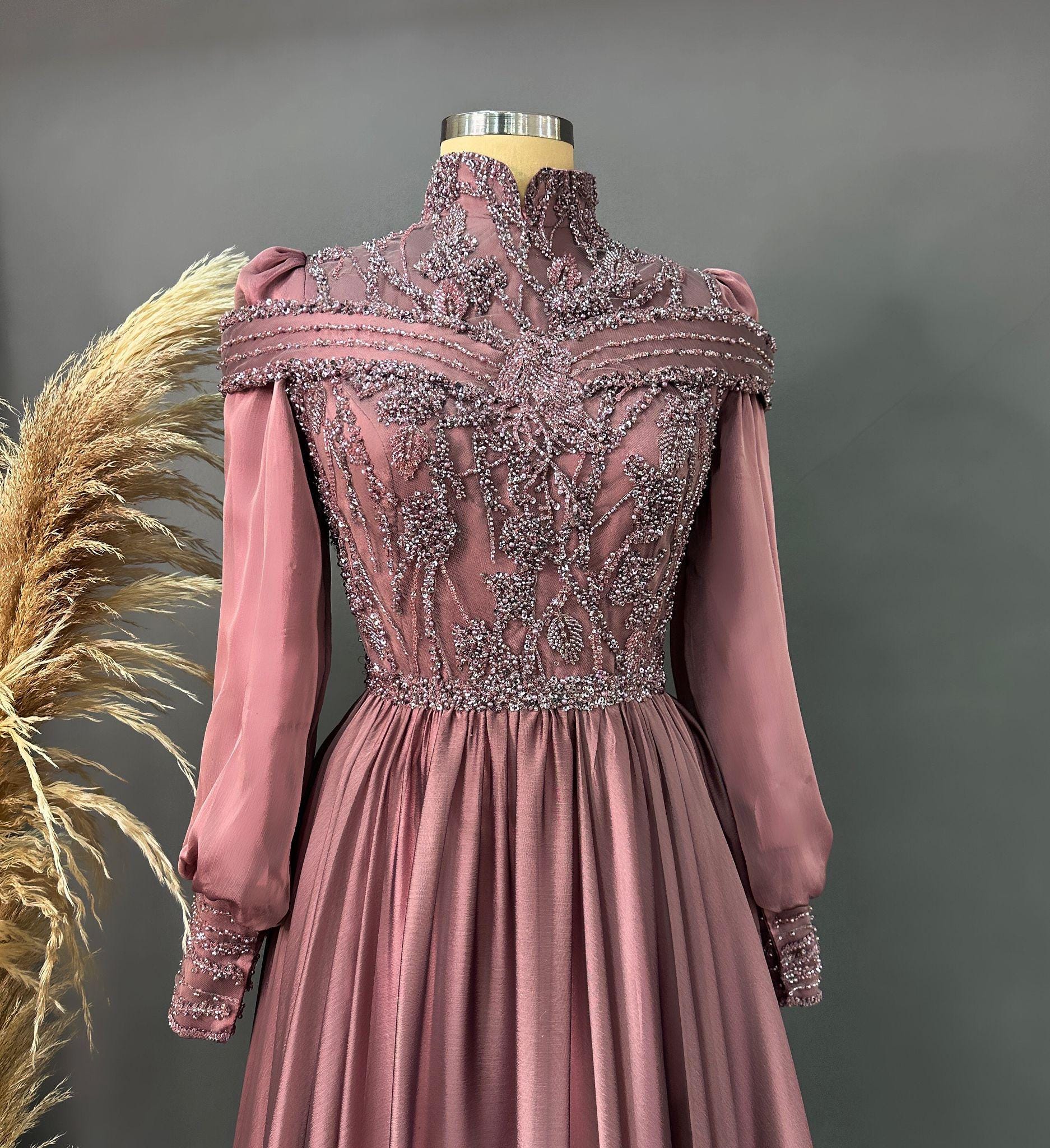 Handmade Bridal Gown Dress for Wedding Engagement Henna Night İslamic Dress Hijab Dress Pink Night Blue Dark Blue İslamic Dress EU Size 38