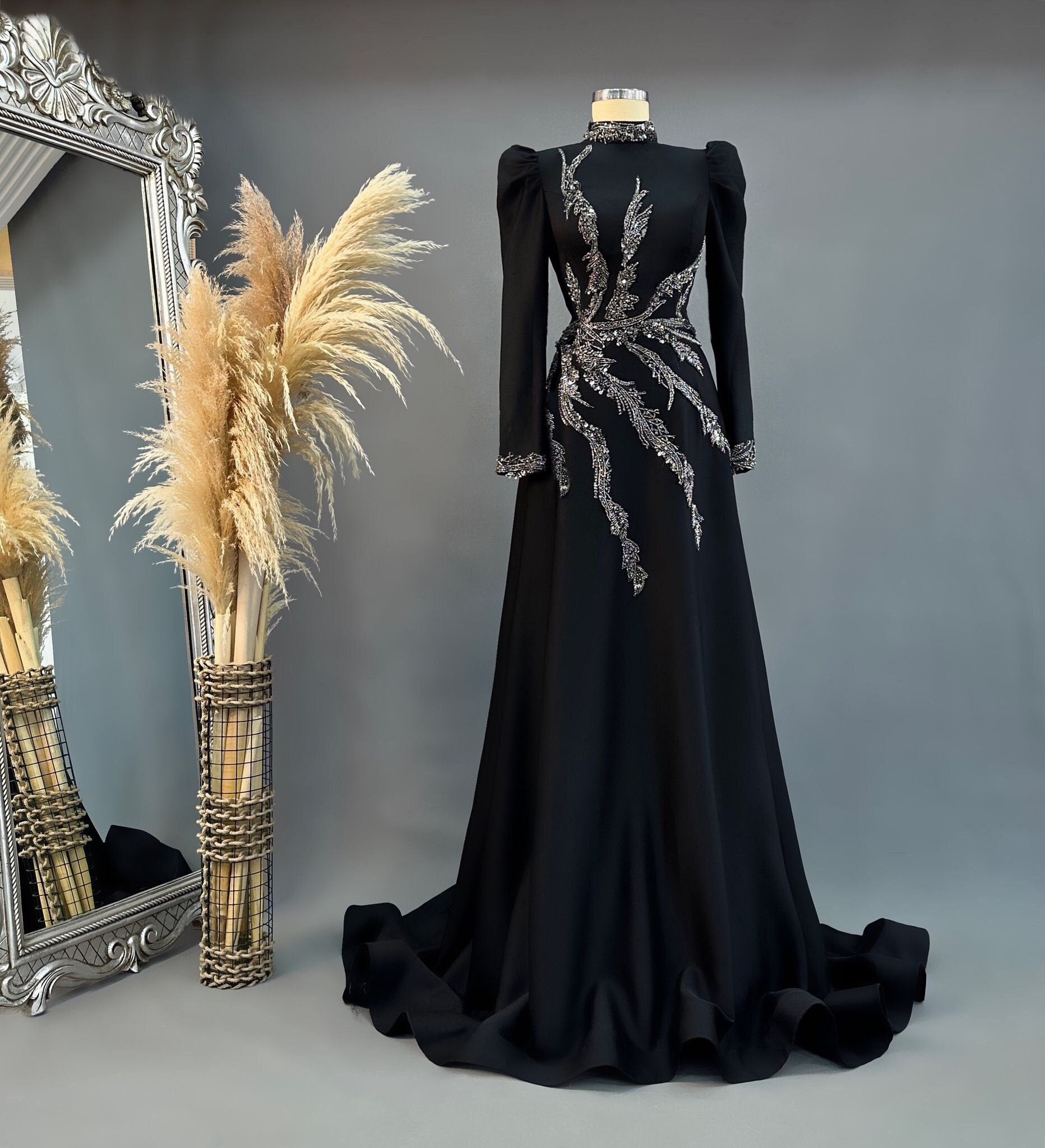 Sparkling Evening Dress Hijab Evening Dress Models Black Dark Color Evening Dress İslamic Evening Dresses Engagement Dress