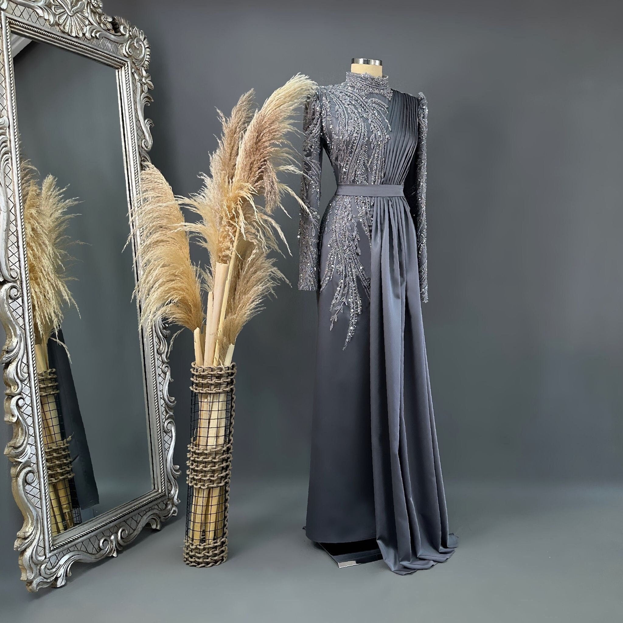 Sparkling Evening Dress Hijab Evening Dress Models Gray, Night Blue Color Evening Dress İslamic Evening Dresses Engagement Dress