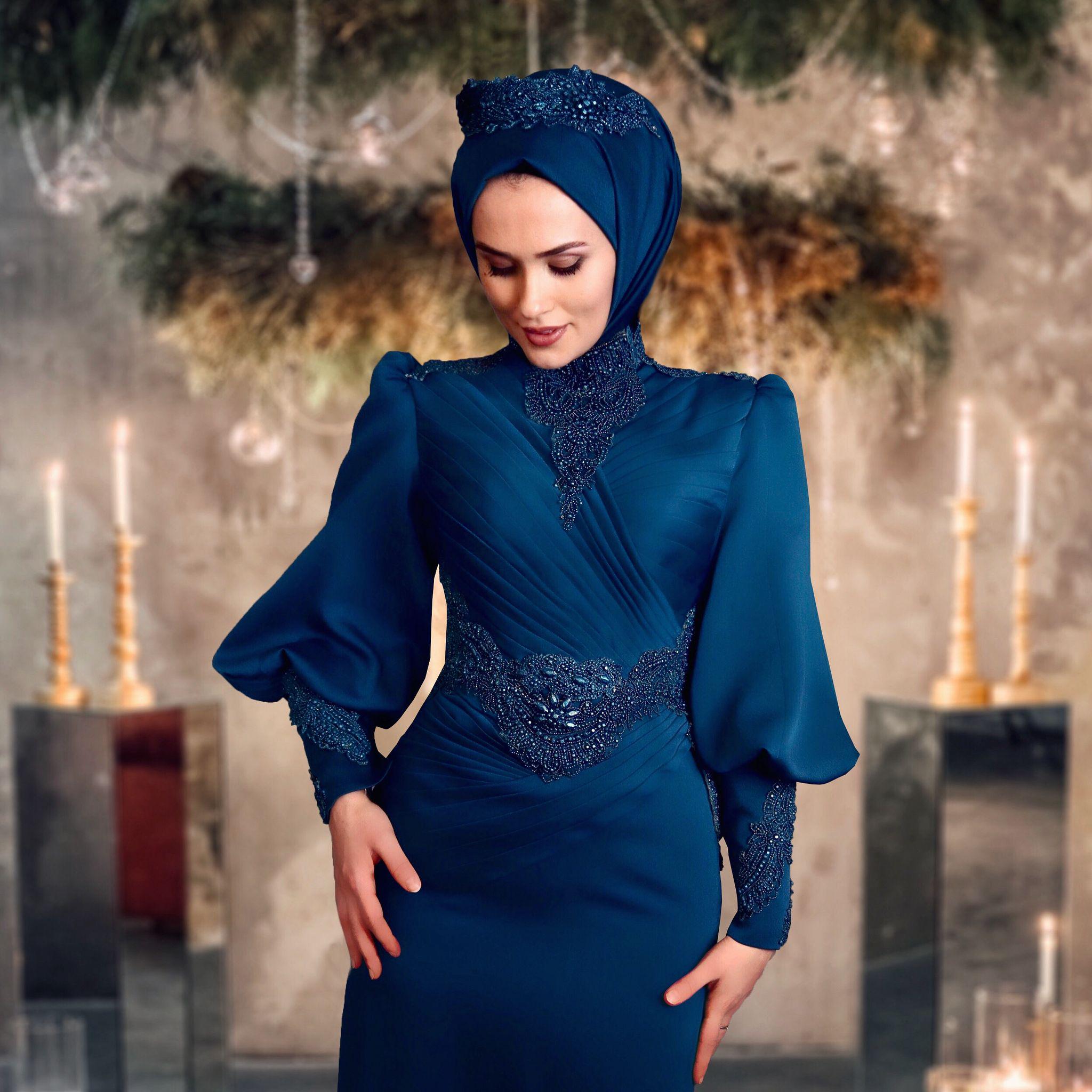 Luxury Modest Gown, Muslim Prom Dress, Blue Long Sleeve Hijab Evening Dress, Elegant Engagement Outfit for Women