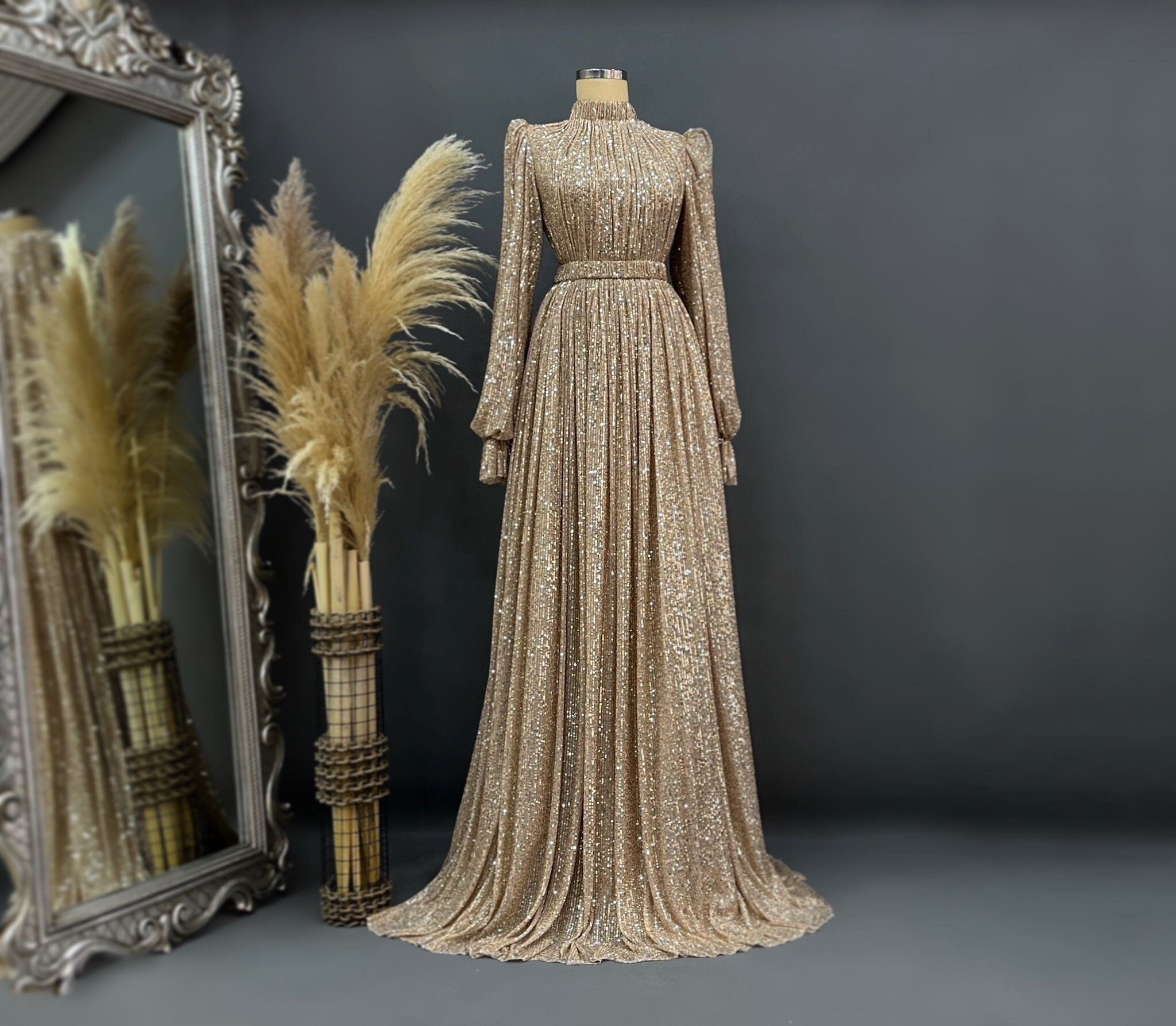 Sparkling Evening Dress Hijab Evening Dress Models Gold Color Evening Dress İslamic Evening Dresses Engagement Dress