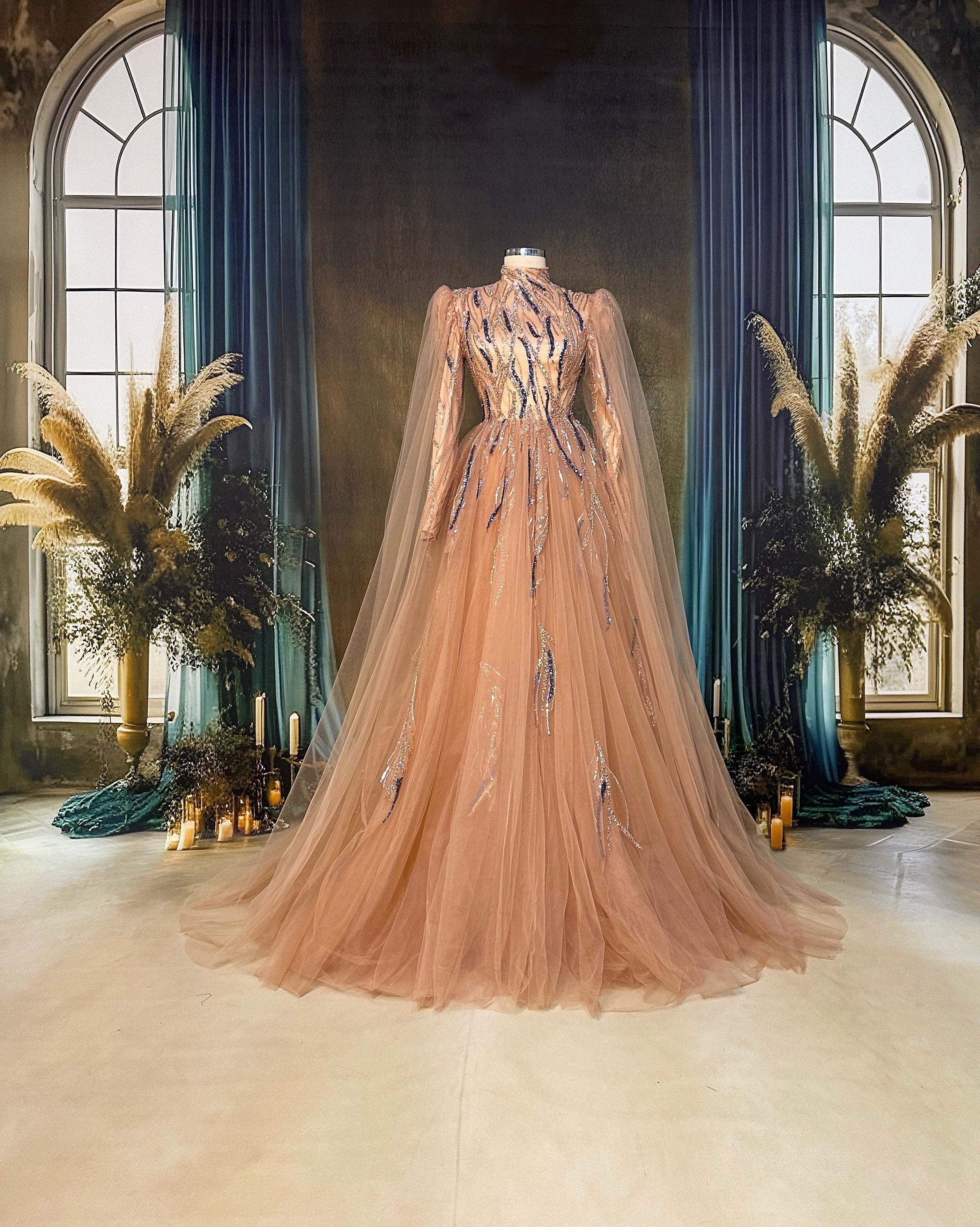 Sparkling Evening Dress Hijab Evening Dress Models Orange and Blue Color Evening Dress İslamic Evening Dresses Engagement Dress