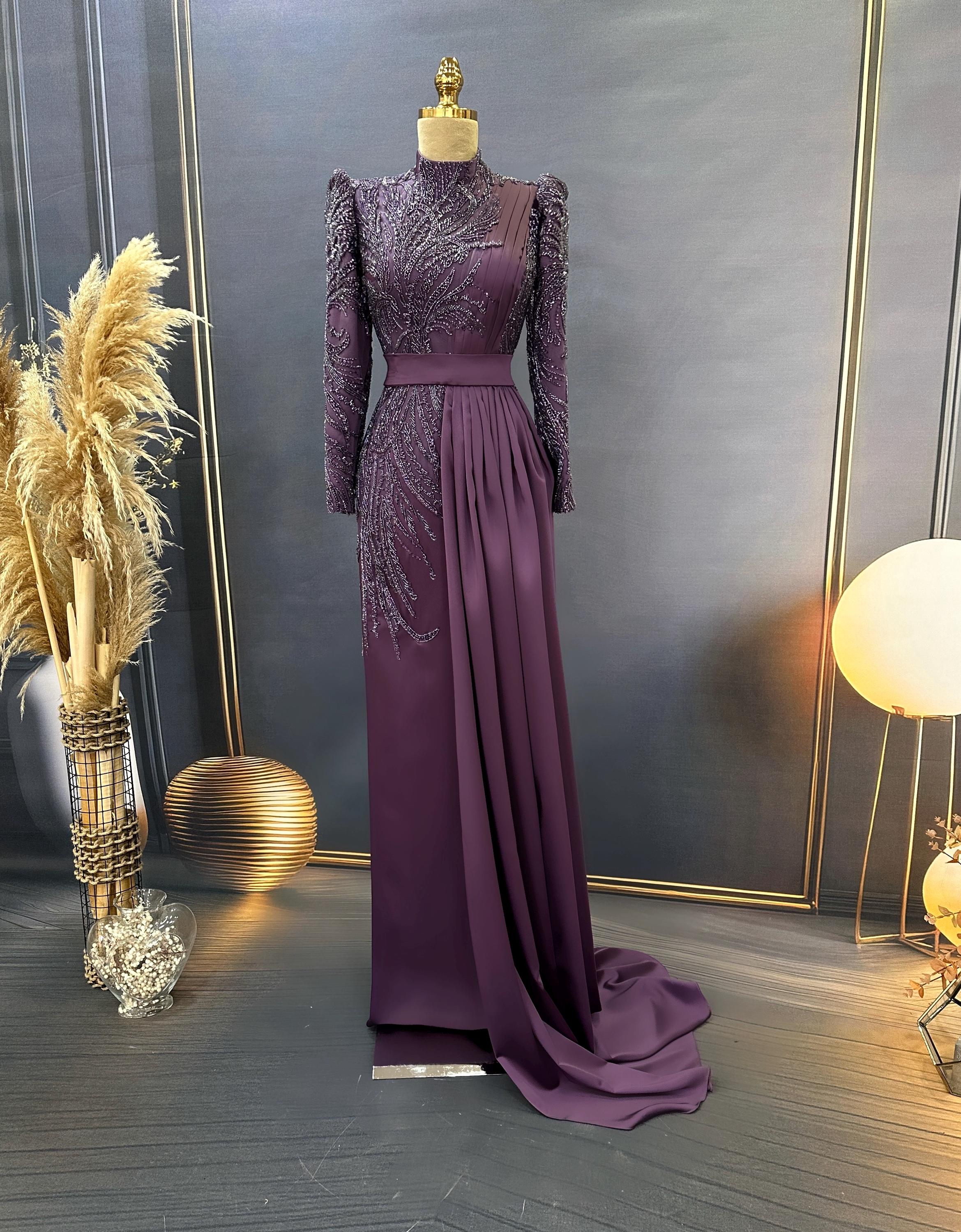 Sparkling Evening Dress Hijab Evening Dress Models Gray, Night Blue Color Evening Dress İslamic Evening Dresses Engagement Dress