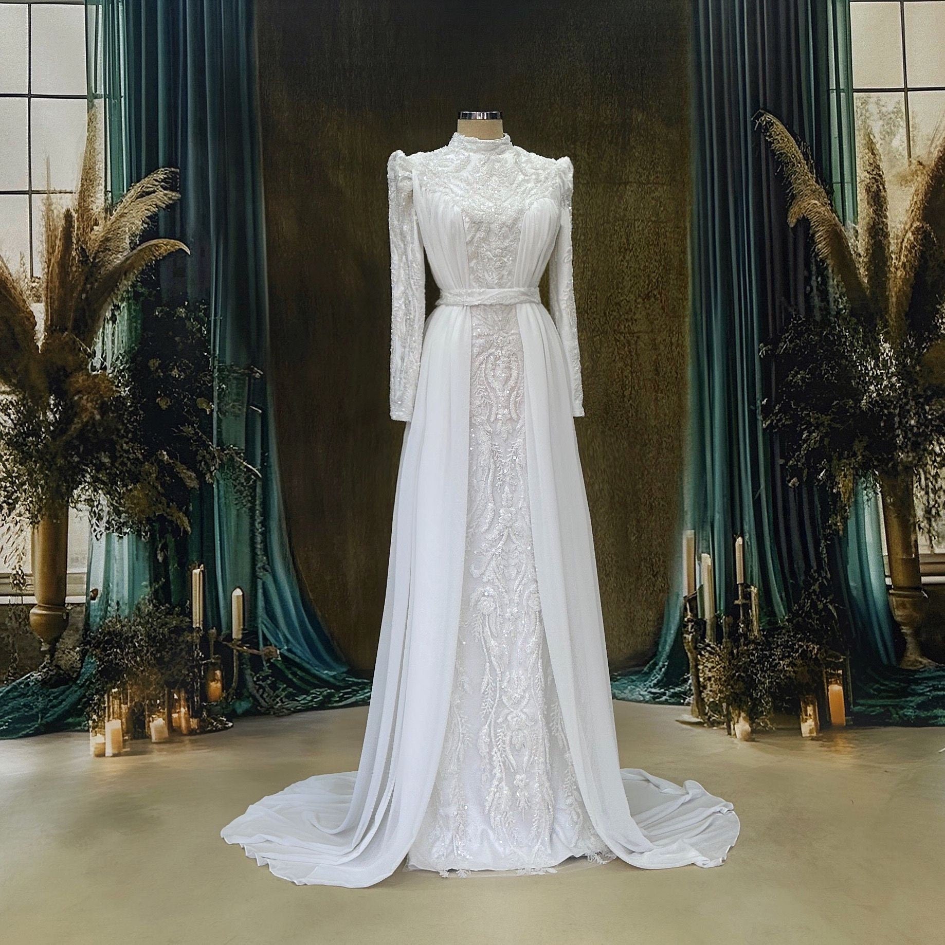 Sparkling Evening Dress Hijab Evening Dress Models White Color Evening Dress İslamic Evening Dresses Engagement Dress