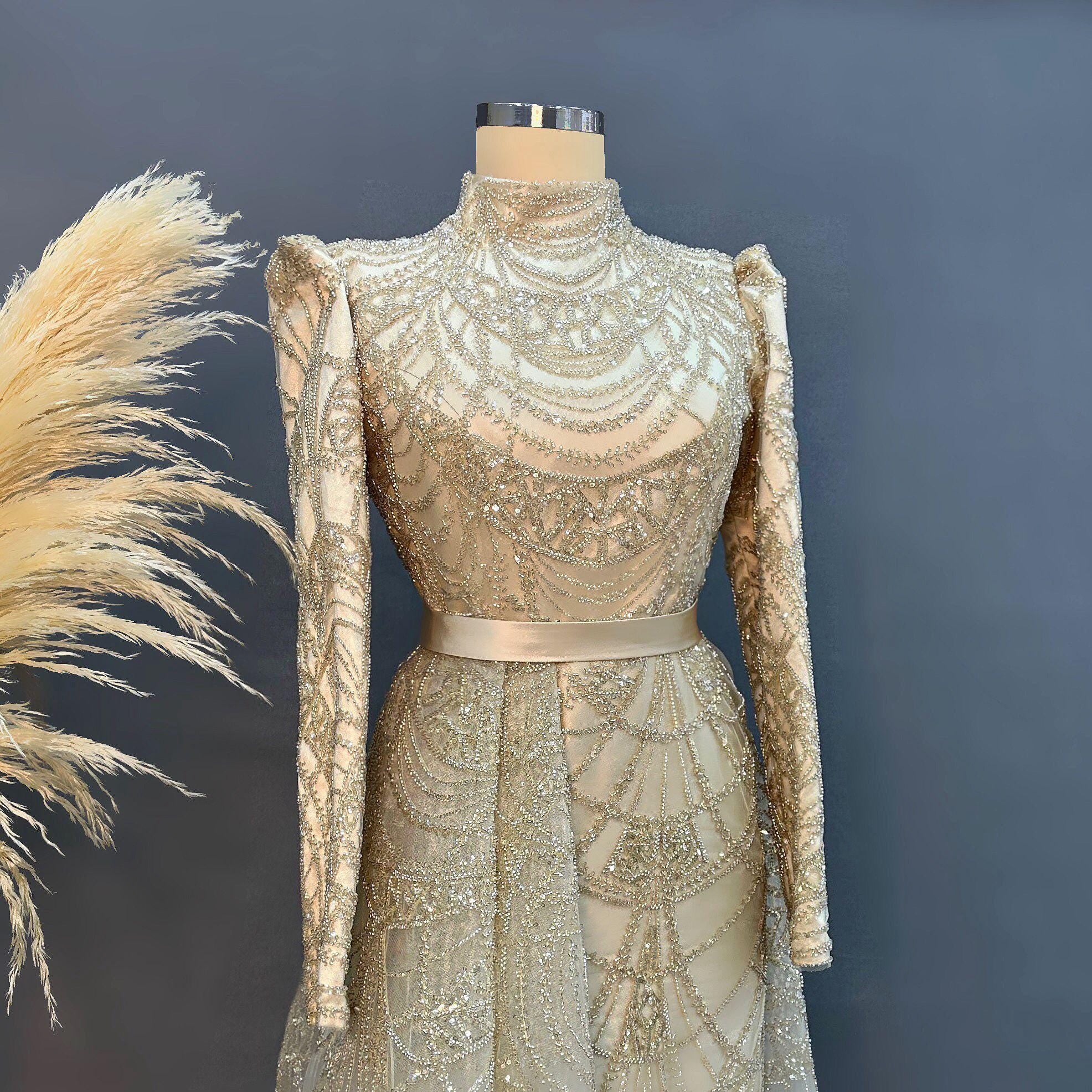 Gold Evening Dress Islamic Evening Dresses Engagement Dress, Sparkling Evening Dress Hijab Evening Dress Models