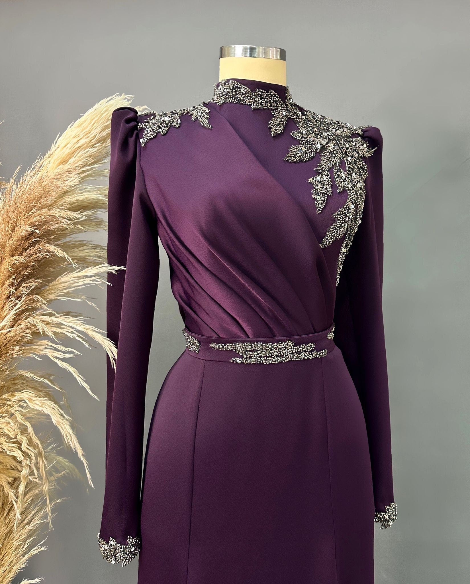 Sparkling Evening Dress Hijab Evening Dress Models Purple and Red Color Evening Dress İslamic Evening Dresses Engagement Dress