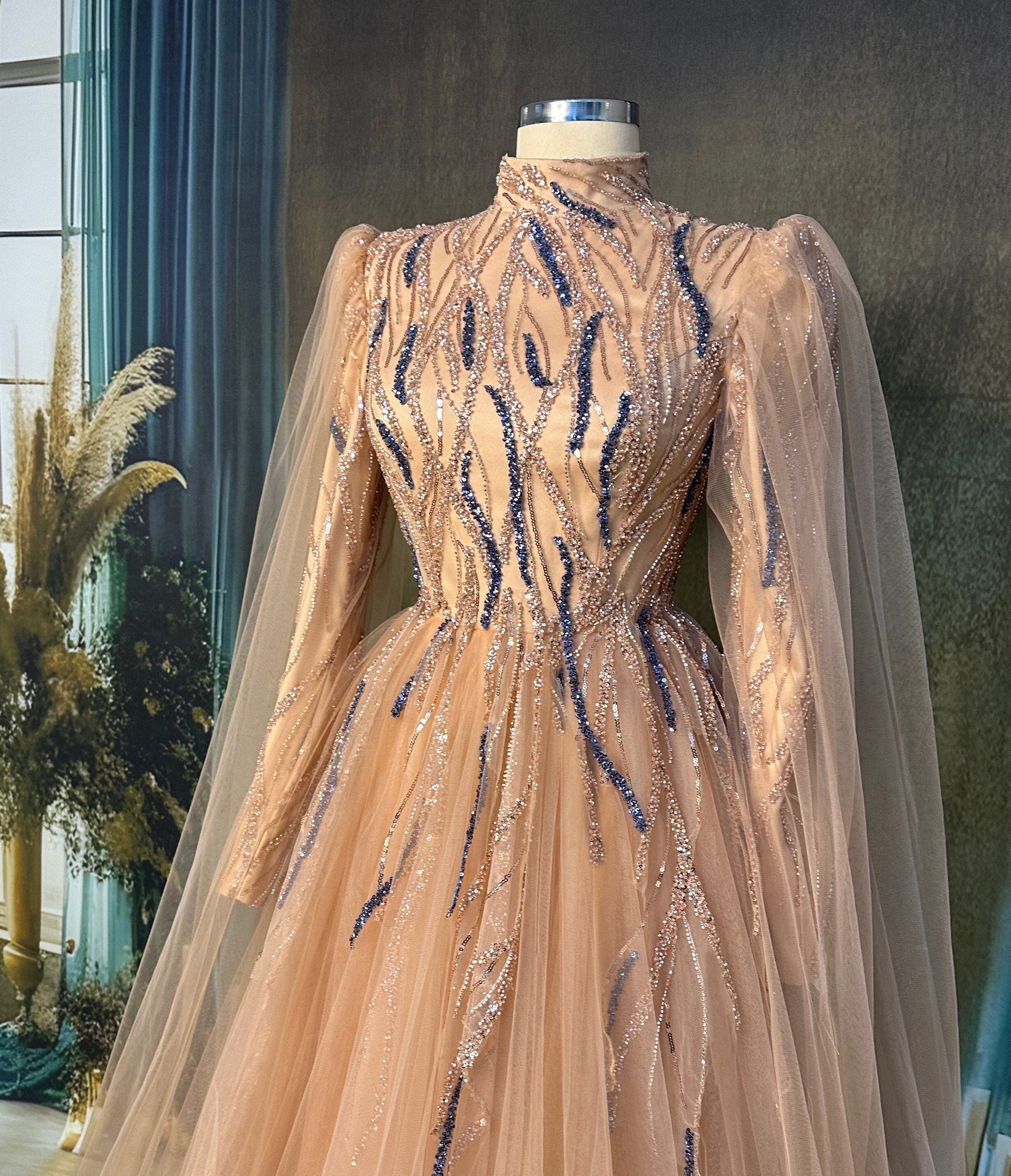 Sparkling Evening Dress Hijab Evening Dress Models Orange and Blue Color Evening Dress İslamic Evening Dresses Engagement Dress