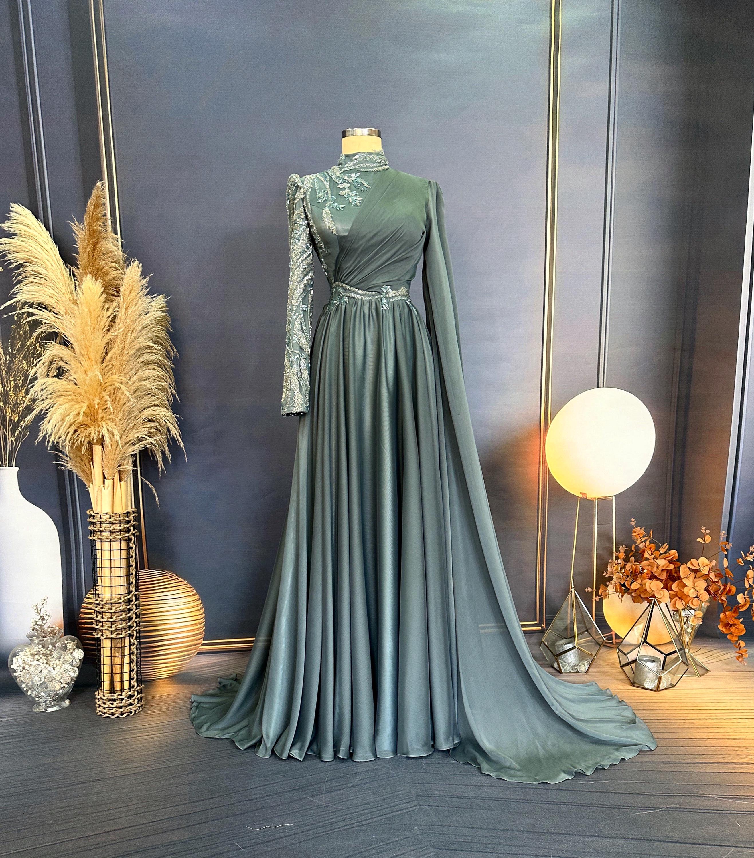 Sparkling Evening Dress Hijab Evening Dress Models Green, Blue Color Evening Dress İslamic Evening Dresses Engagement Dress