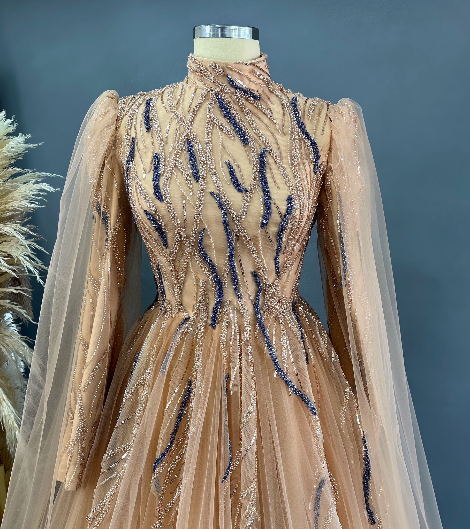 Sparkling Evening Dress Hijab Evening Dress Models Orange and Blue Color Evening Dress İslamic Evening Dresses Engagement Dress