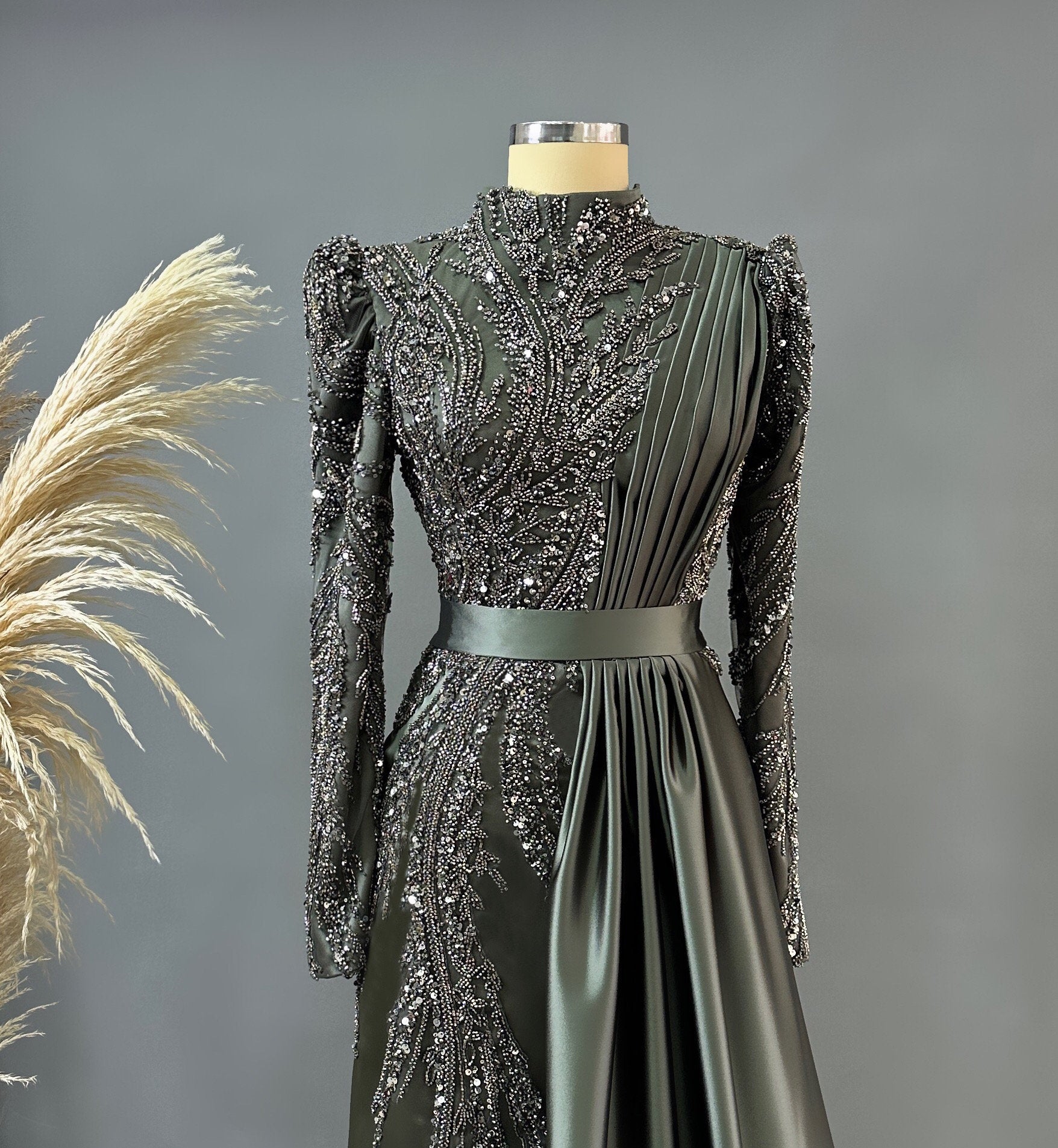 Sparkling Evening Dress Hijab Evening Dress Models Gray, Night Blue Color Evening Dress İslamic Evening Dresses Engagement Dress