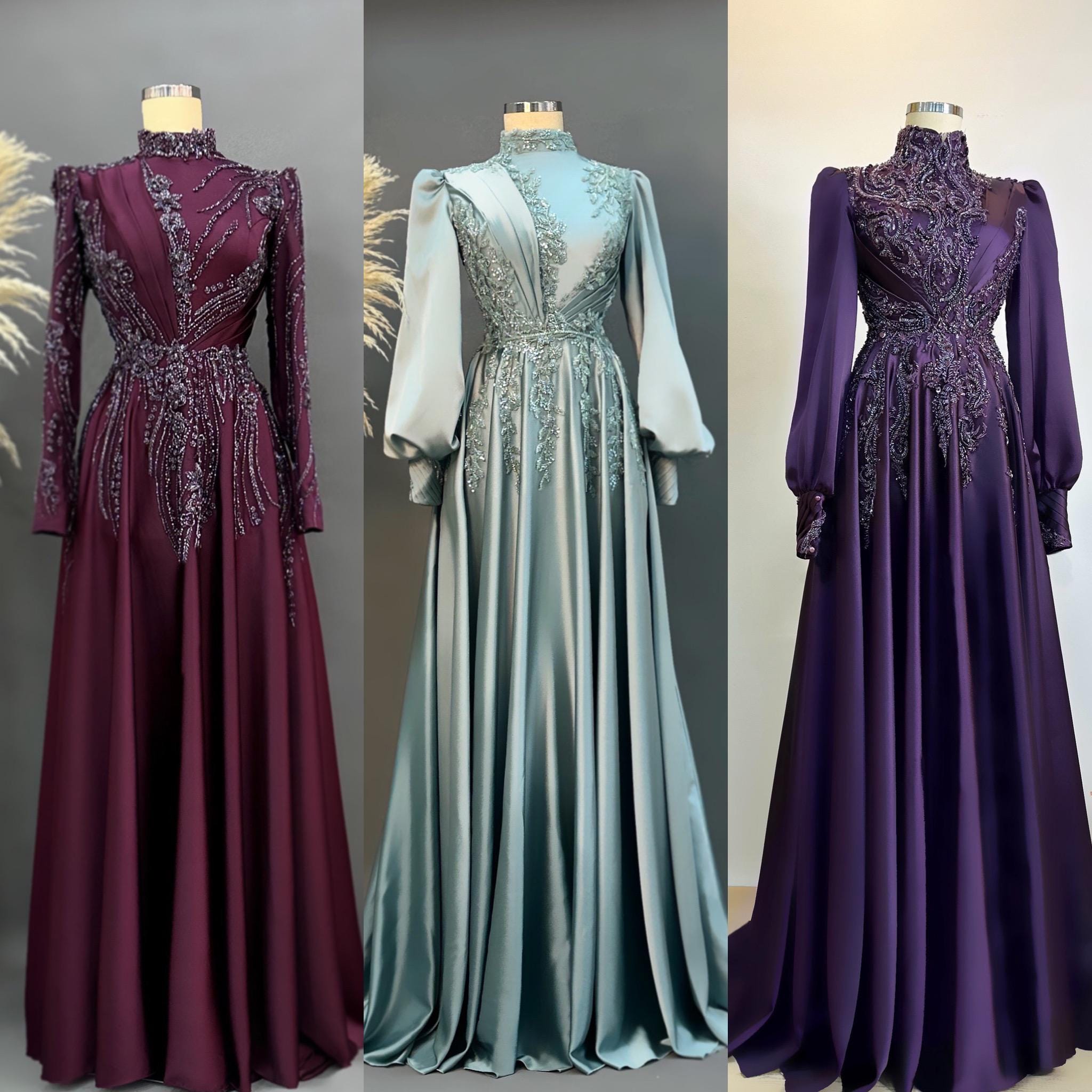 Handmade Bridal Gown Dress for Wedding Engagement Henna Night İslamic Dress Hijab Dress Pink Night Blue Dark Blue İslamic Dress EU Size 38