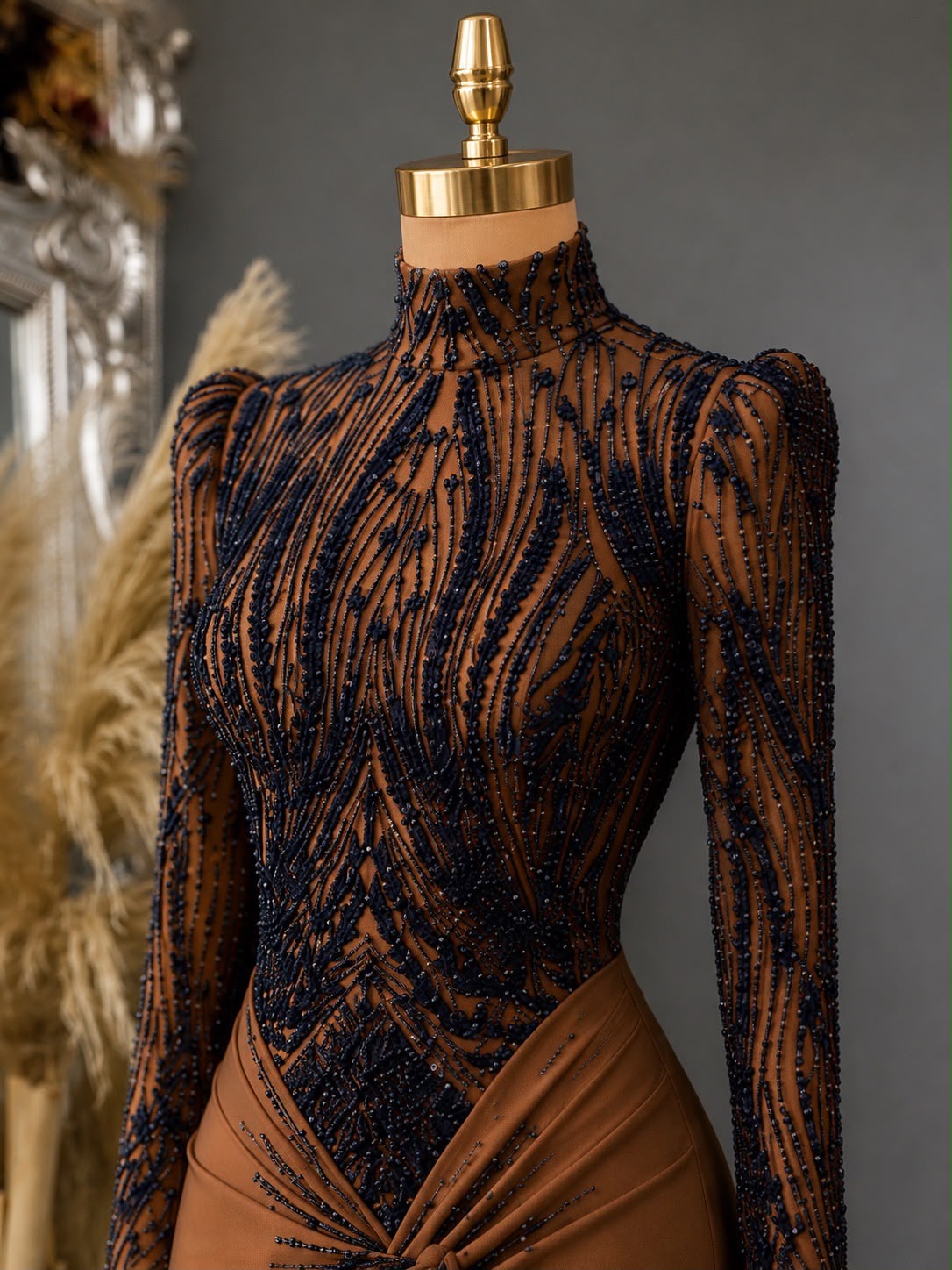 Brown Black Lace Evening Dress, Long Sleeve Mermaid Gown, High Neck Formal Dress, Modest Prom Dress, Elegant Wedding Guest Dress