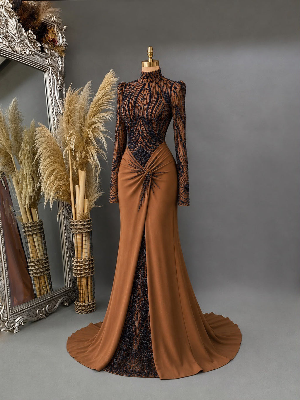 Brown Black Lace Evening Dress, Long Sleeve Mermaid Gown, High Neck Formal Dress, Modest Prom Dress, Elegant Wedding Guest Dress