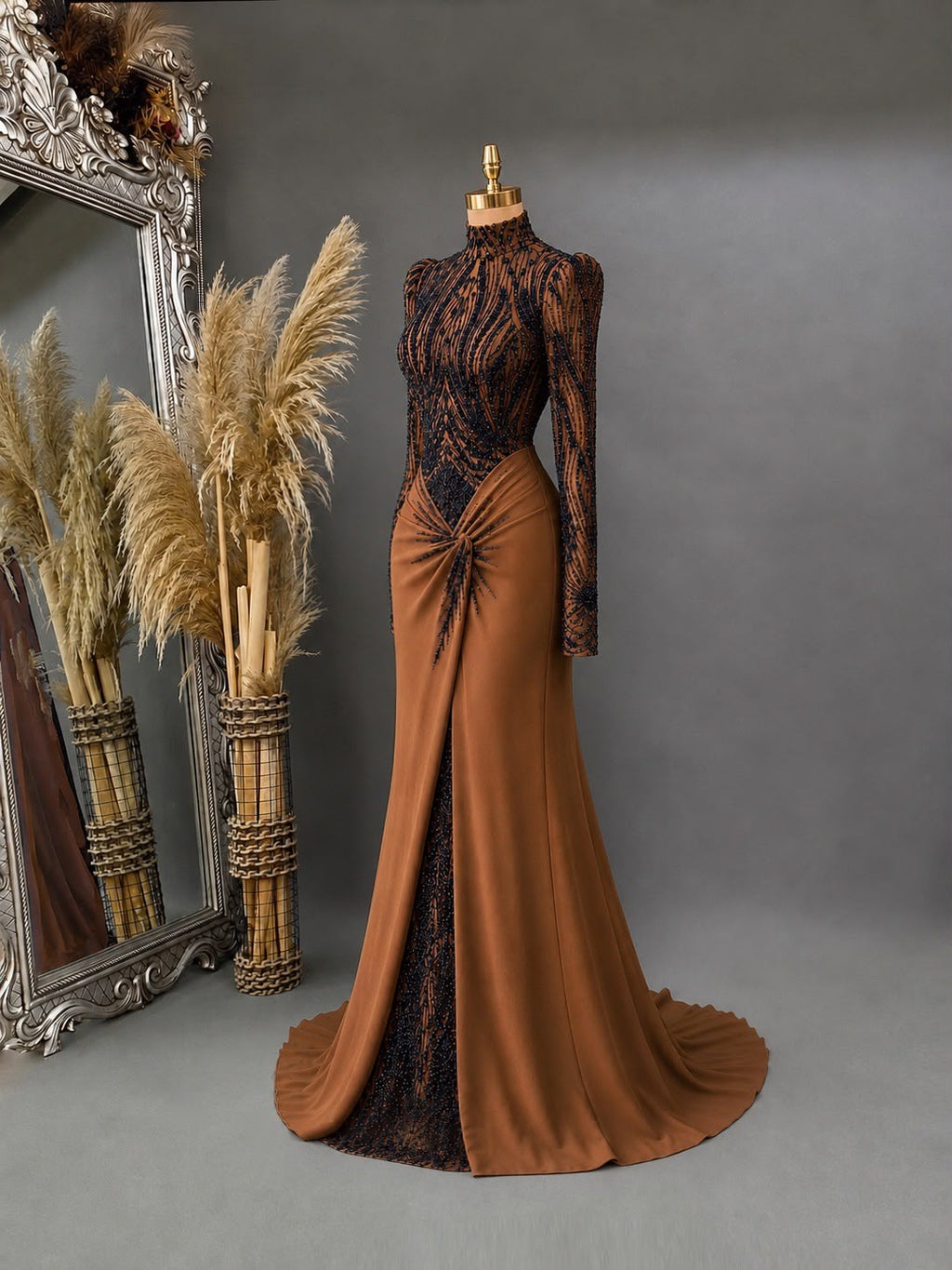 Brown Black Lace Evening Dress, Long Sleeve Mermaid Gown, High Neck Formal Dress, Modest Prom Dress, Elegant Wedding Guest Dress