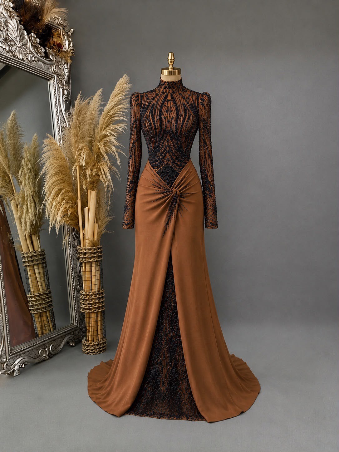 Brown Black Lace Evening Dress, Long Sleeve Mermaid Gown, High Neck Formal Dress, Modest Prom Dress, Elegant Wedding Guest Dress