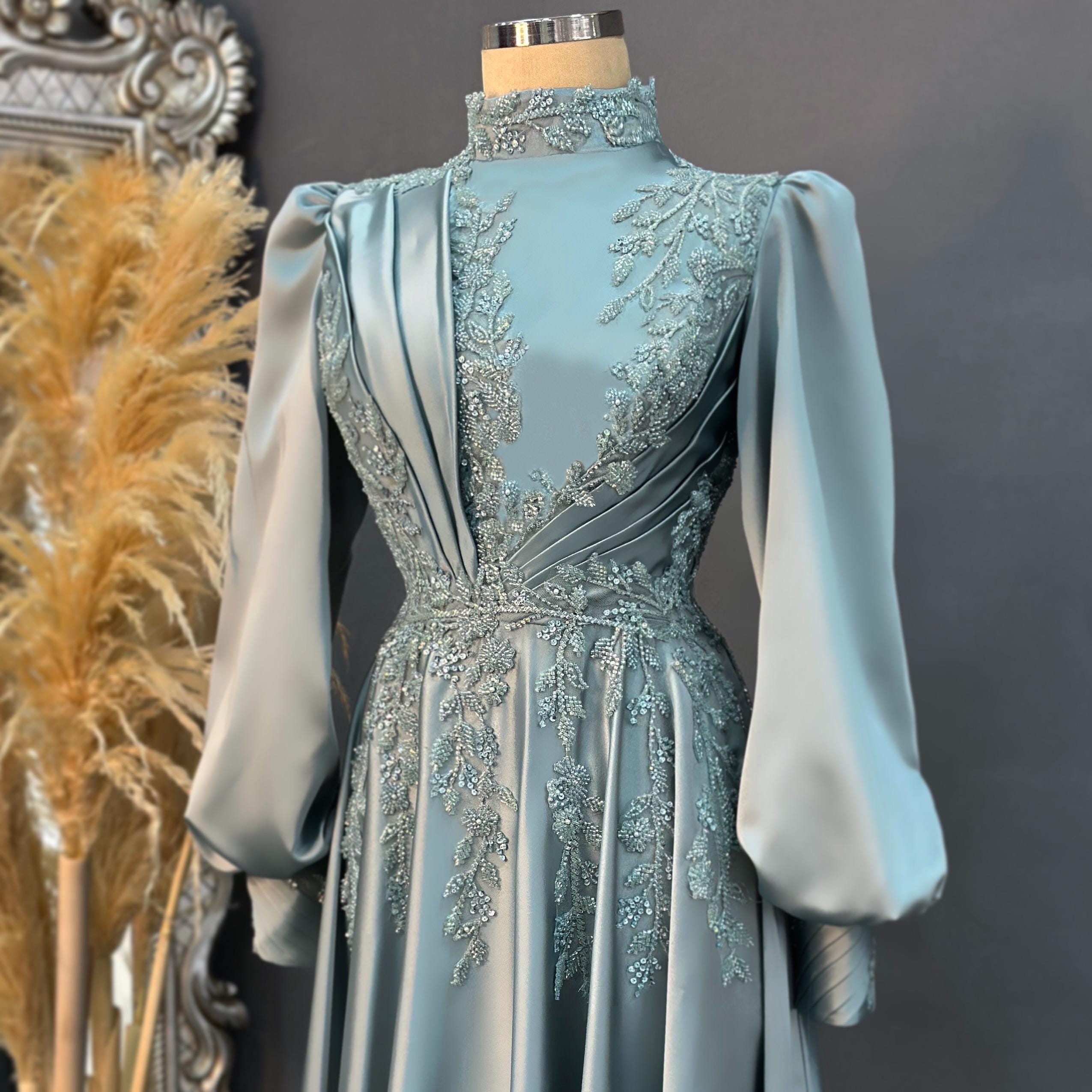 Handmade Bridal Gown Dress for Wedding Engagement Henna Night İslamic Dress Hijab Dress Pink Night Blue Dark Blue İslamic Dress EU Size 38