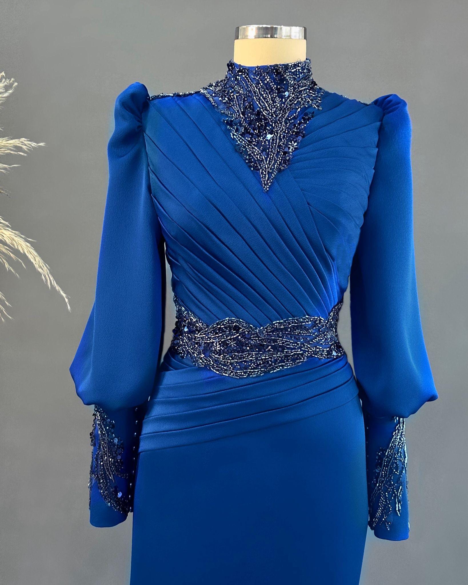 Luxury Modest Gown, Muslim Prom Dress, Blue Long Sleeve Hijab Evening Dress, Elegant Engagement Outfit for Women