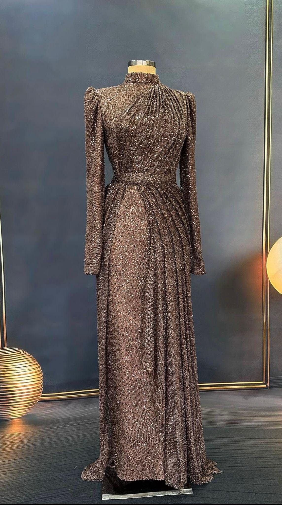 Bronze Color Sparkling Evening Dress Hijab Evening Dress Models Gray, Night Blue Color Evening Dress İslamic Evening Dresses