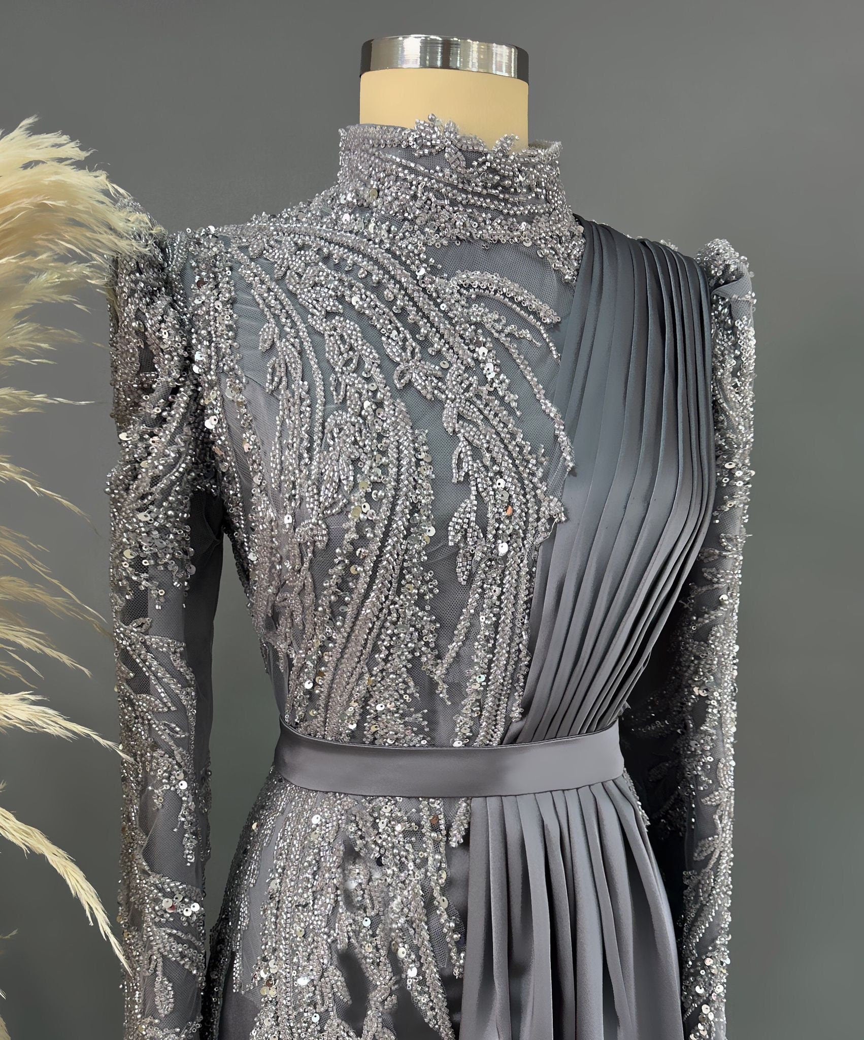 Sparkling Evening Dress Hijab Evening Dress Models Gray, Night Blue Color Evening Dress İslamic Evening Dresses Engagement Dress