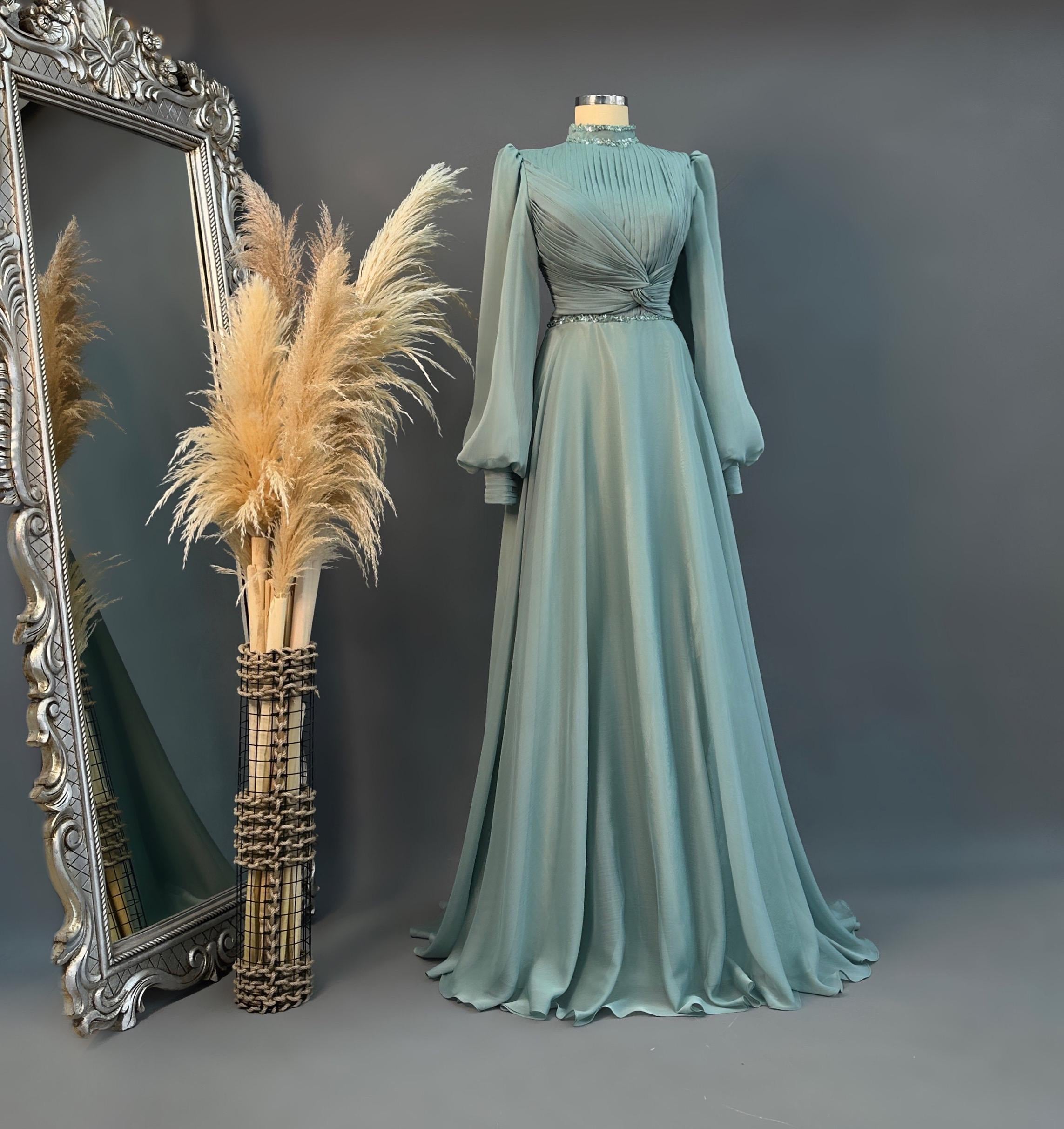 Handmade Bridal Gown Dress for Wedding Engagement Henna Night İslamic Dress Hijab Dress Blue Night Blue Dark Blue İslamic Dress EU Size 38