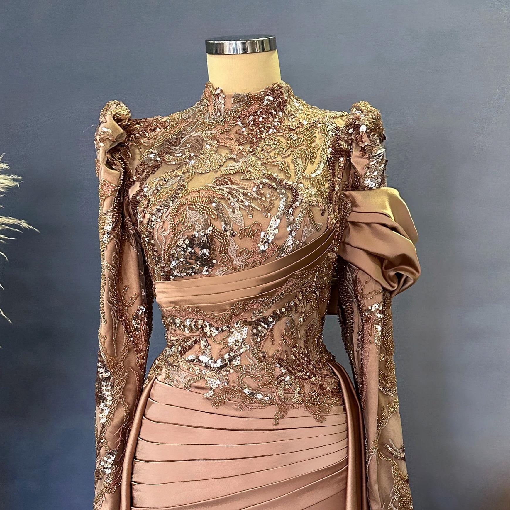 Handmade Brown Bridal Gown Dress for Wedding Engagement Henna Night İslamic Dress Hijab Dress Night İslamic Dress EU Size 38