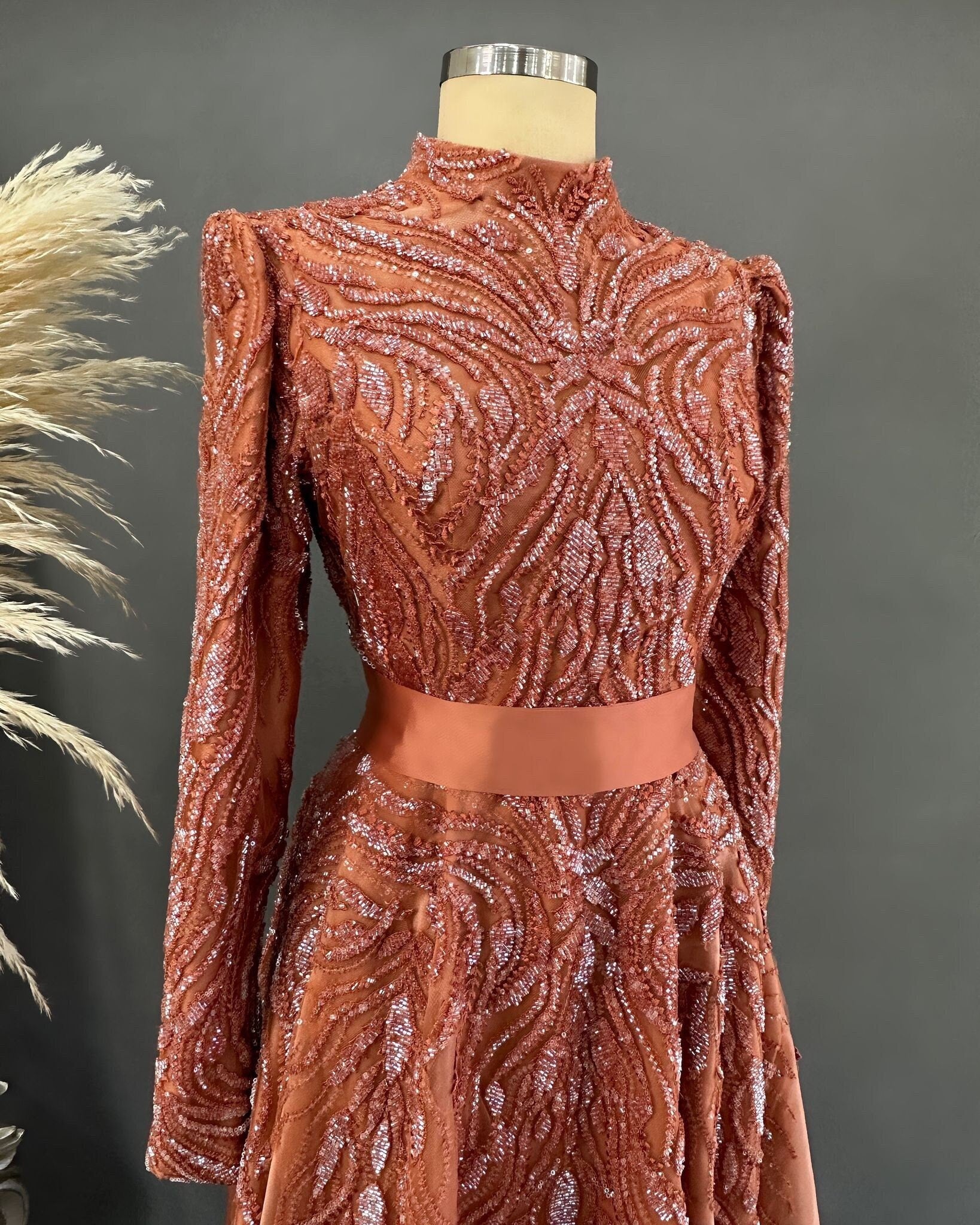 Sparkling Evening Dress Hijab Evening Dress Models Orange, Brown Color Evening Dress İslamic Evening Dresses Engagement Dress