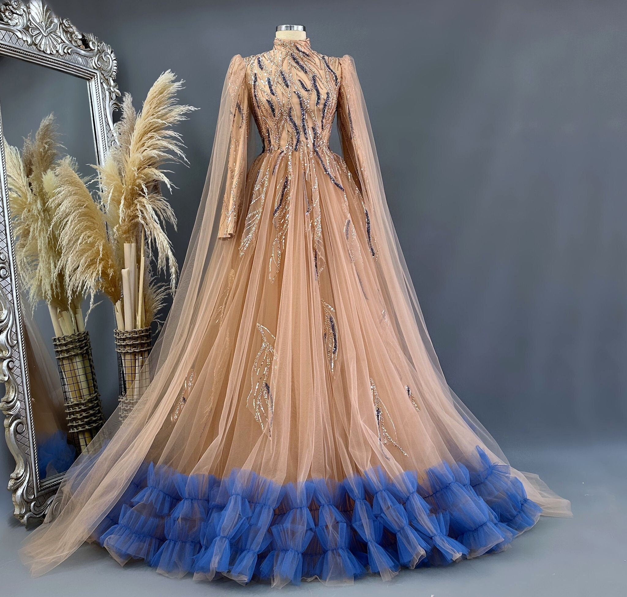 Sparkling Evening Dress Hijab Evening Dress Models Orange and Blue Color Evening Dress İslamic Evening Dresses Engagement Dress