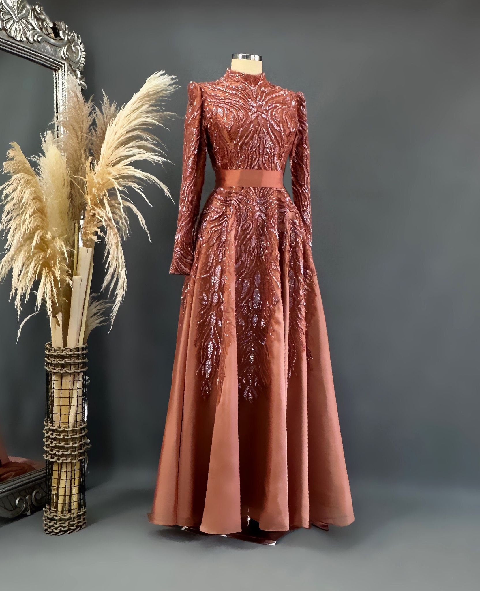 Sparkling Evening Dress Hijab Evening Dress Models Orange, Brown Color Evening Dress İslamic Evening Dresses Engagement Dress