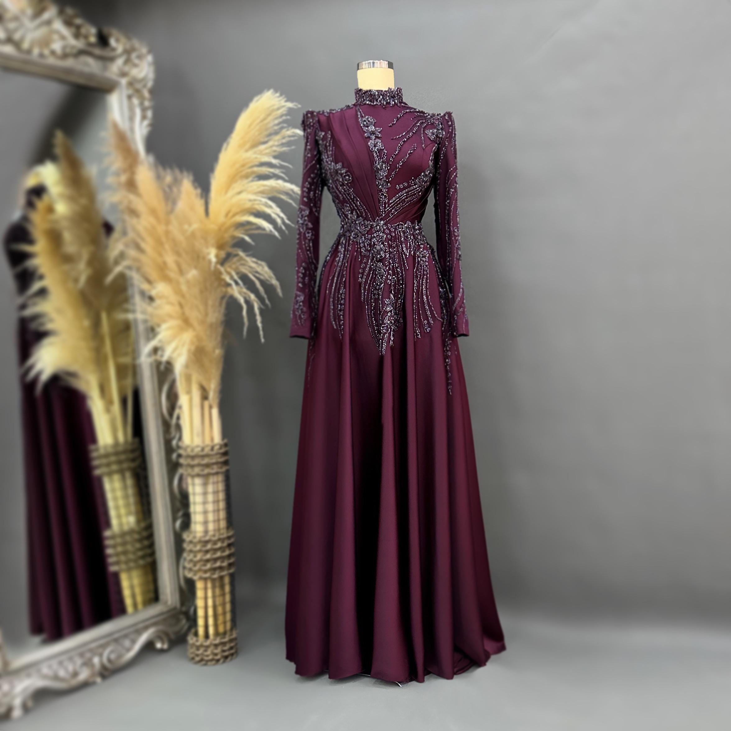 Handmade Bridal Gown Dress for Wedding Engagement Henna Night İslamic Dress Hijab Dress Pink Night Blue Dark Blue İslamic Dress EU Size 38