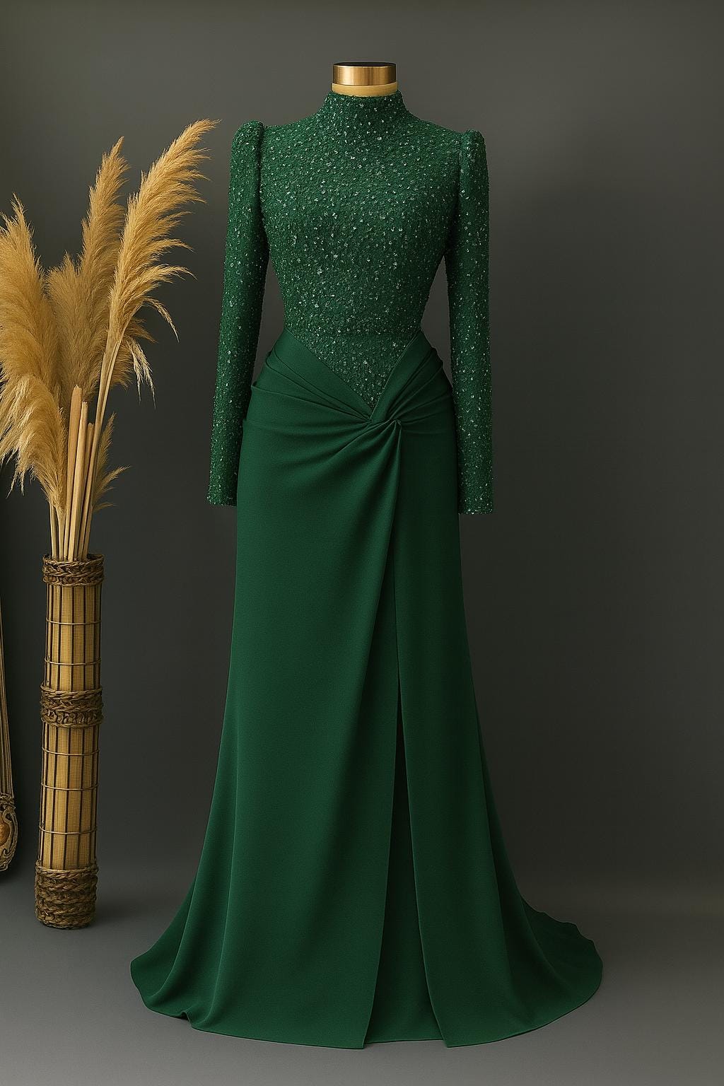 Elegant Hijab Evening Dress – Sparkling Green Islamic Formal Gown for Engagement
