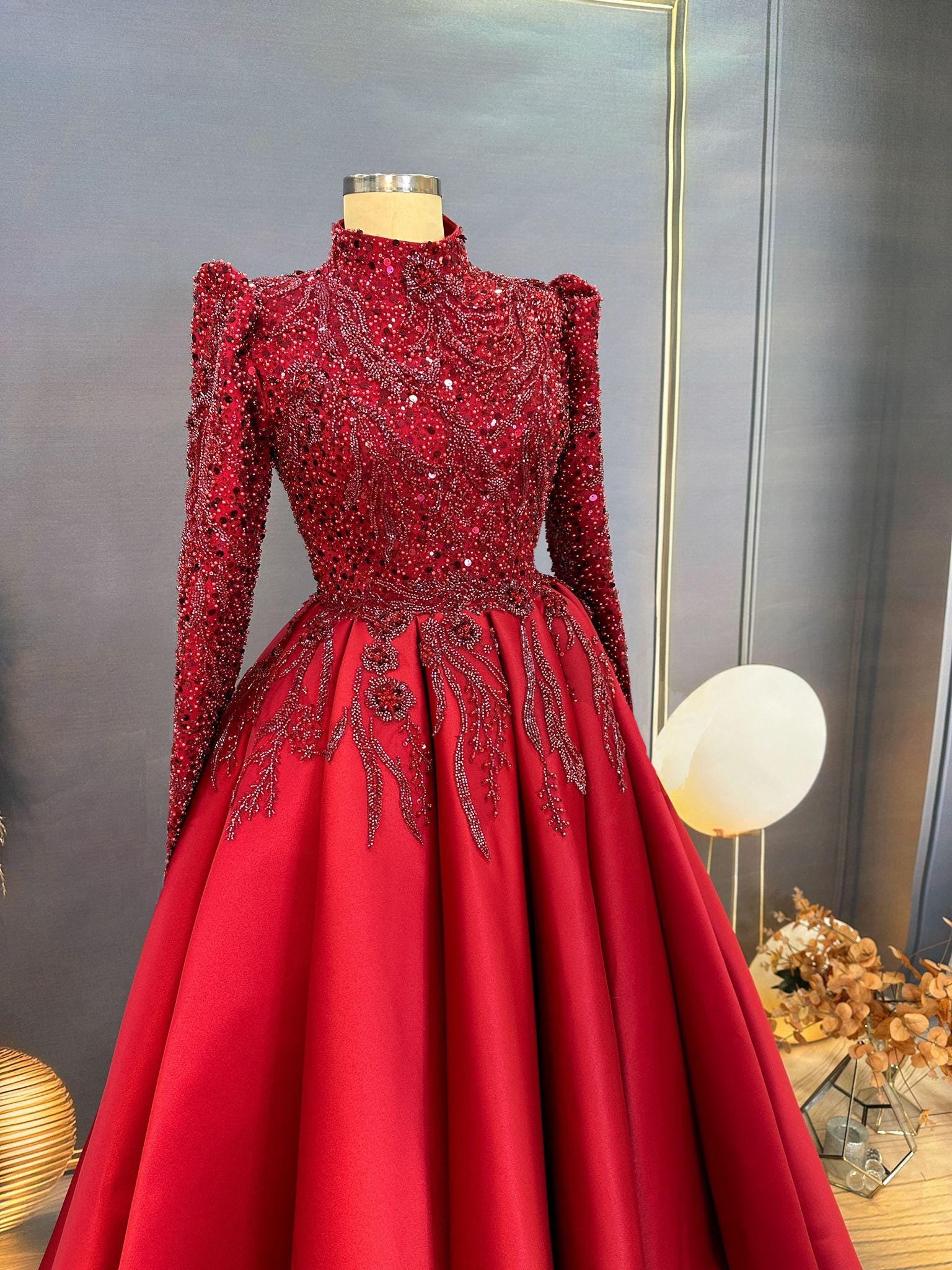 Handmade Bridal Gown Dress for Wedding Engagement Henna Night İslamic Dress Hijab Dress Red Night Red İslamic Dress EU Size 38