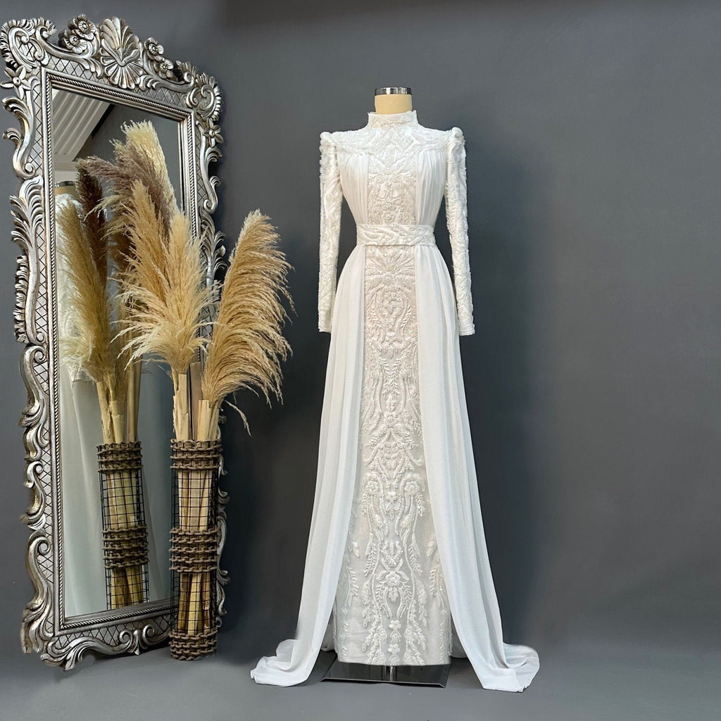 Sparkling Evening Dress Hijab Evening Dress Models White Color Evening Dress İslamic Evening Dresses Engagement Dress